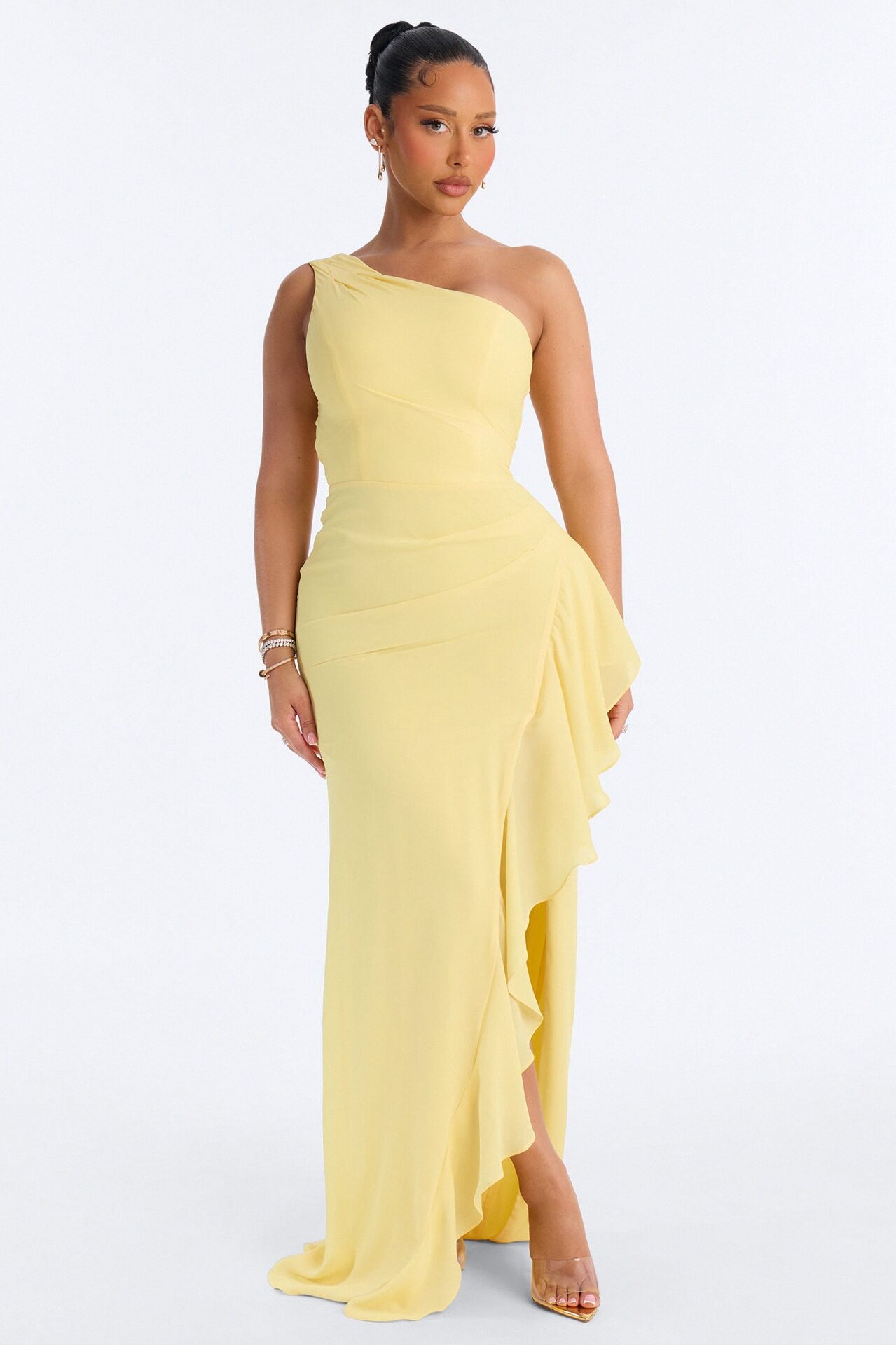 Amelie One Shoulder Chiffon Gown - Yellow