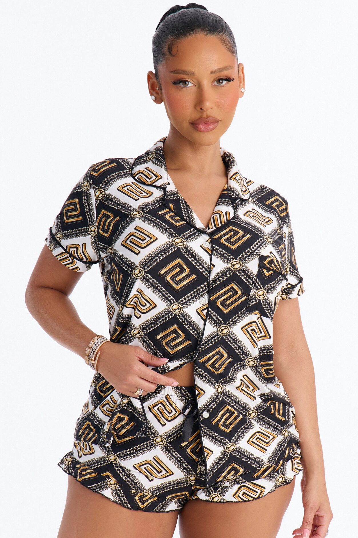 Mara 2pc Ruffle PJ Short Set - Black/White