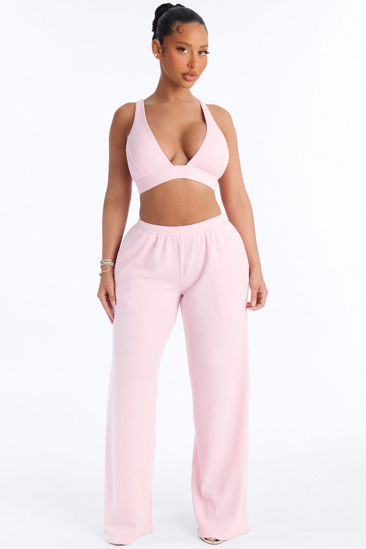 Soft Girl Era Waffle Pant Set - Pink