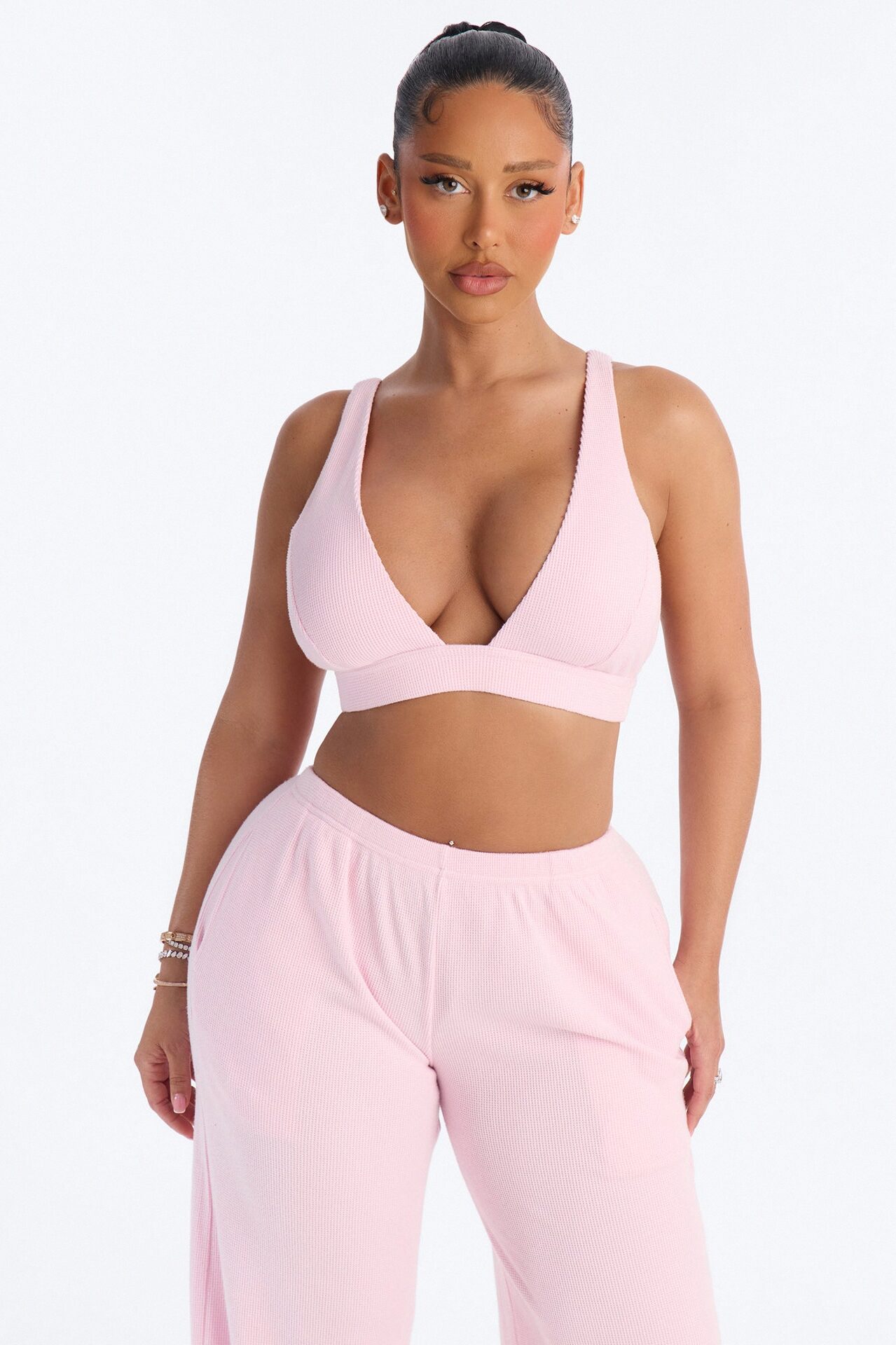 Soft Girl Era Waffle Pant Set - Pink