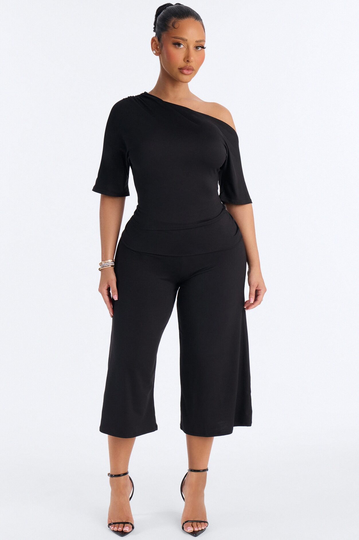 Maria Off Shoulder Gaucho Pant Set - Black