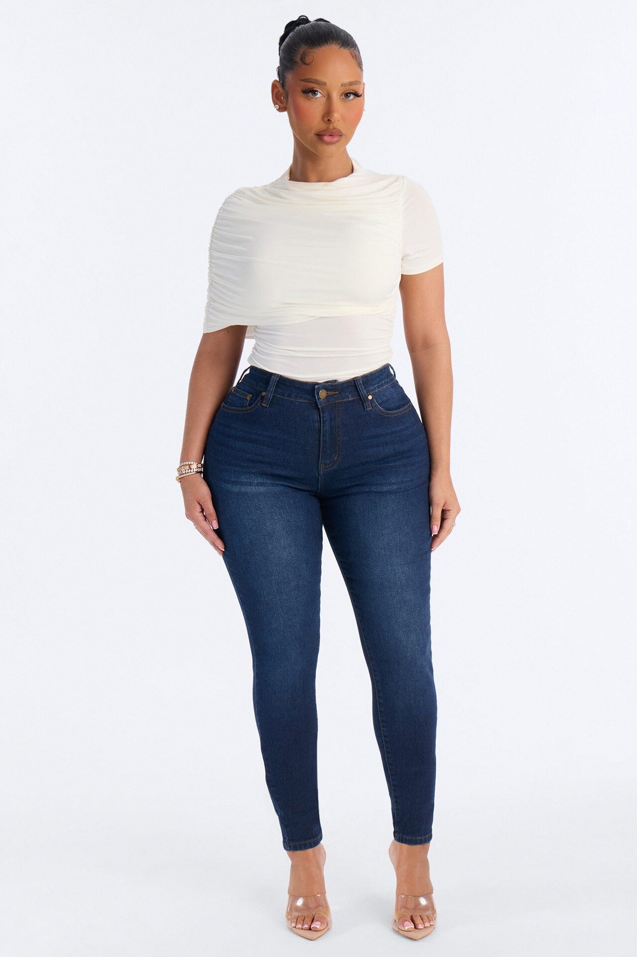 Paige Ruched Mock Neck Short Sleeve Bodysuit - White