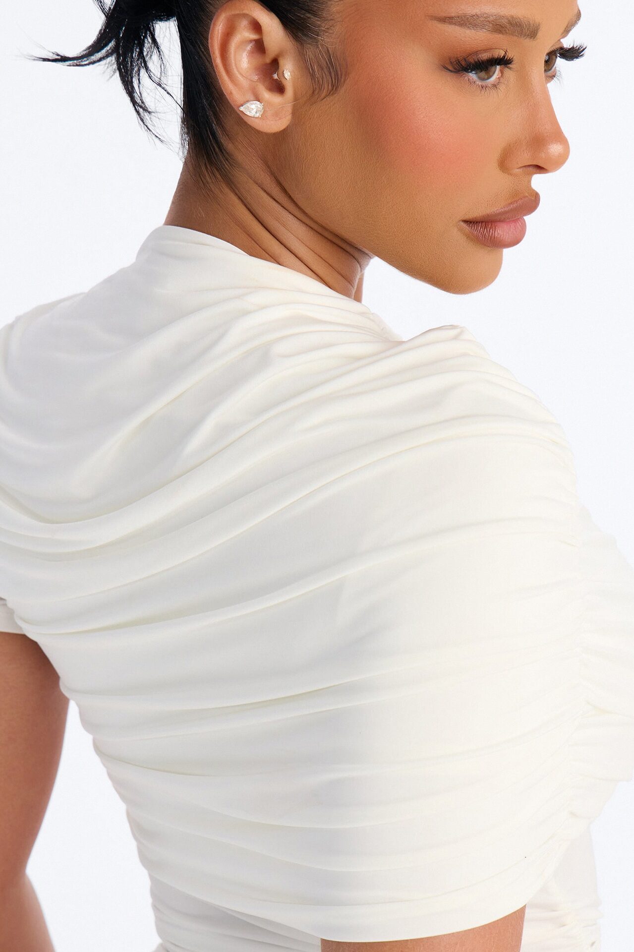 Paige Ruched Mock Neck Short Sleeve Bodysuit - White