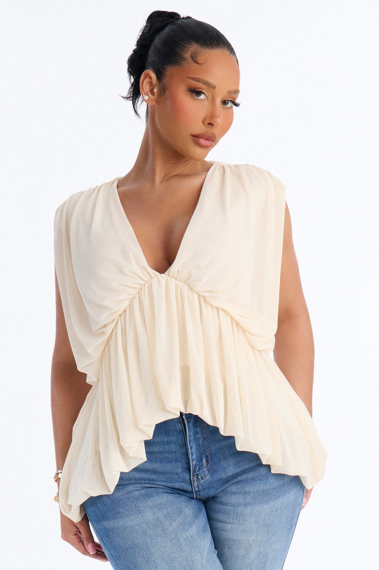 Nina Ruched Mesh Short Sleeve Top - Cream