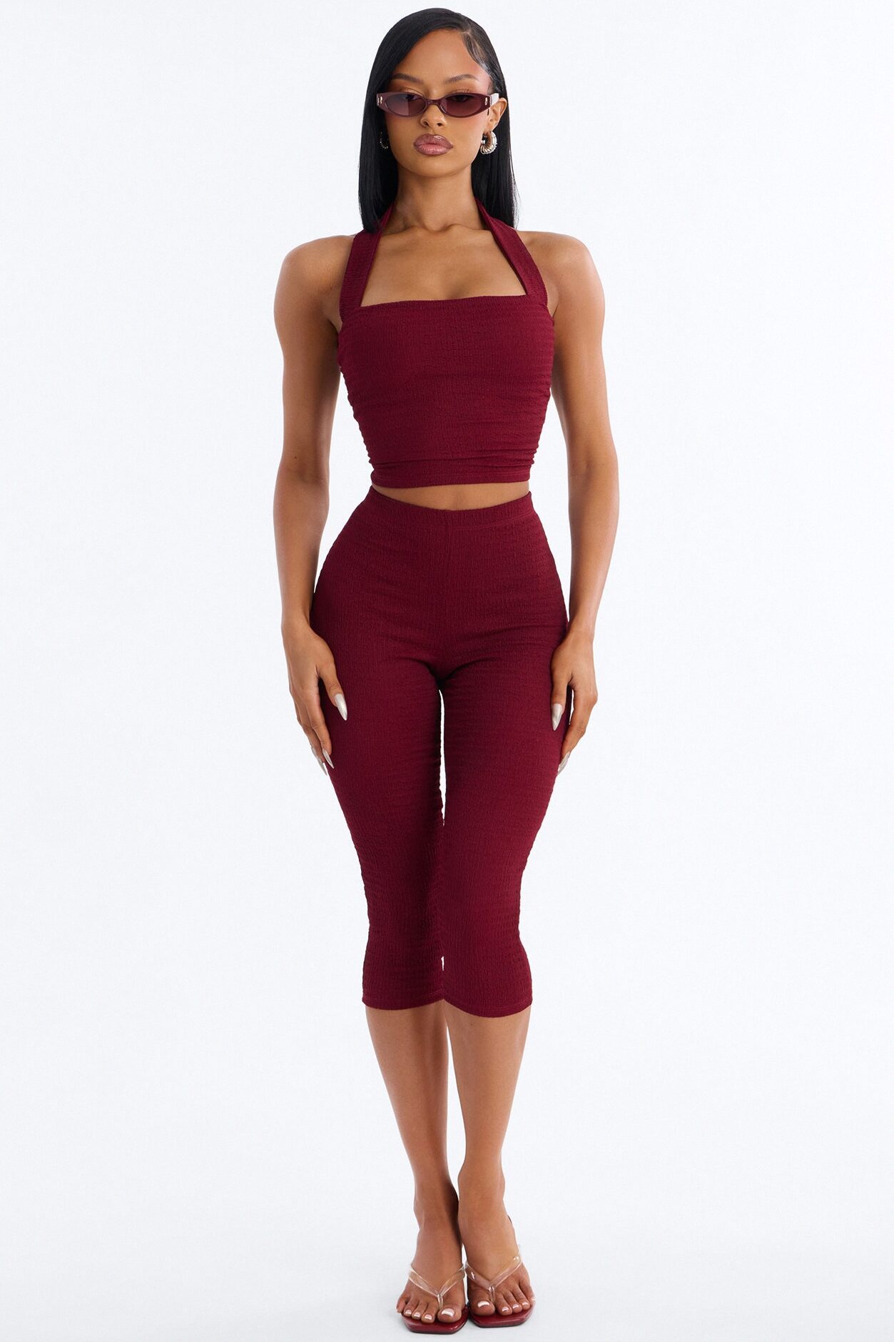 Delilah Textured Halter Capri Pant Set - Burgundy