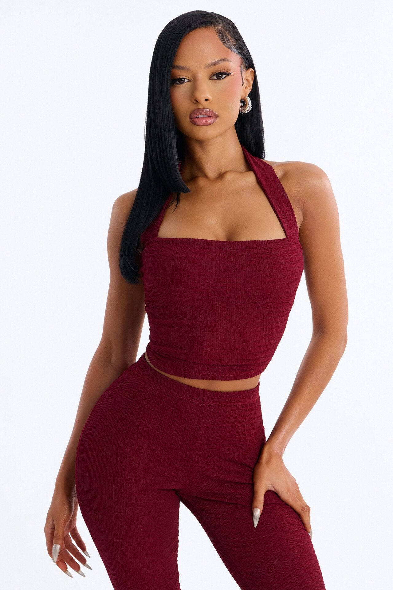 Delilah Textured Halter Capri Pant Set - Burgundy