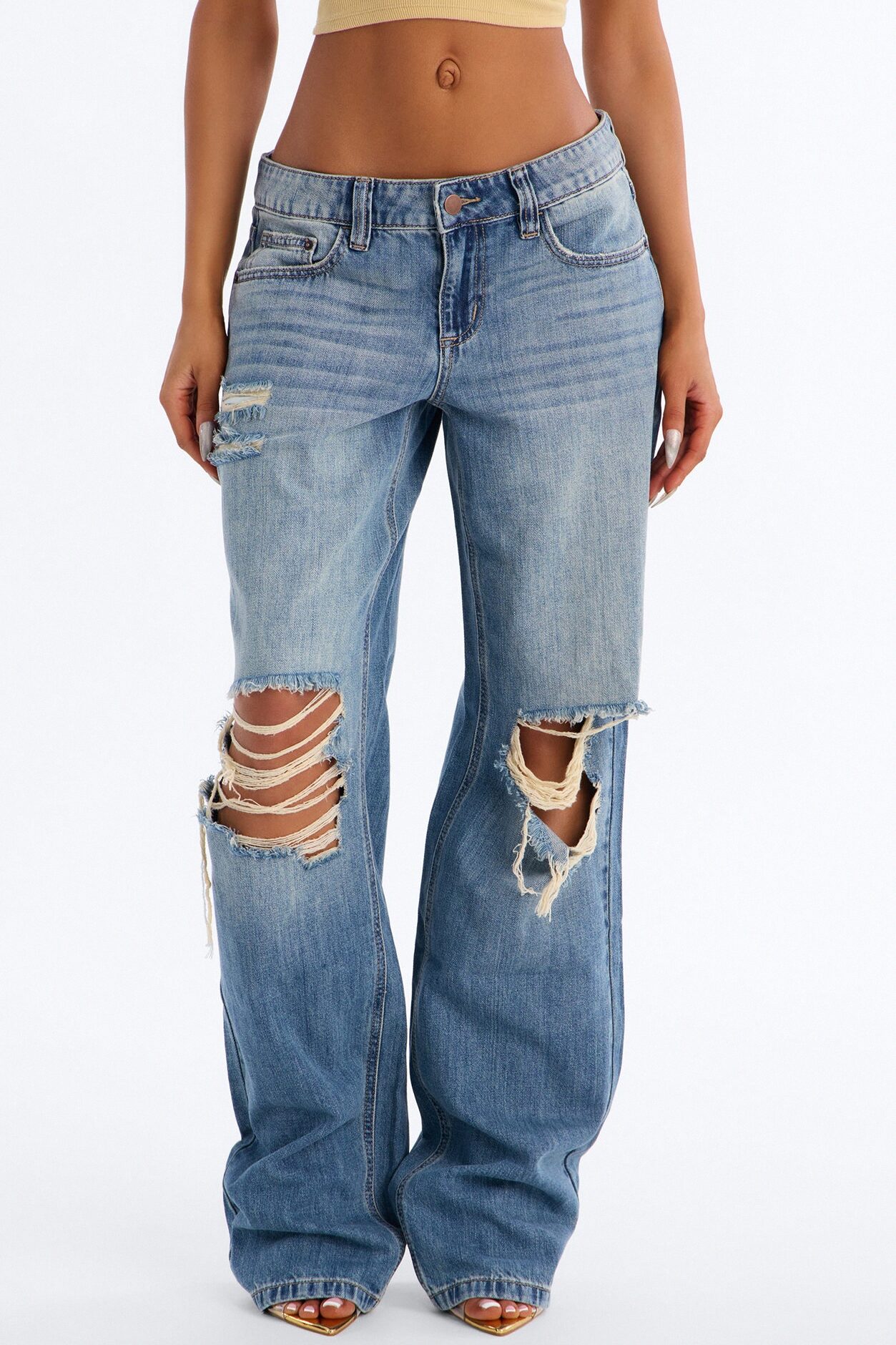 Malibu Low Rise Ripped Wide Leg Jeans - Medium Wash