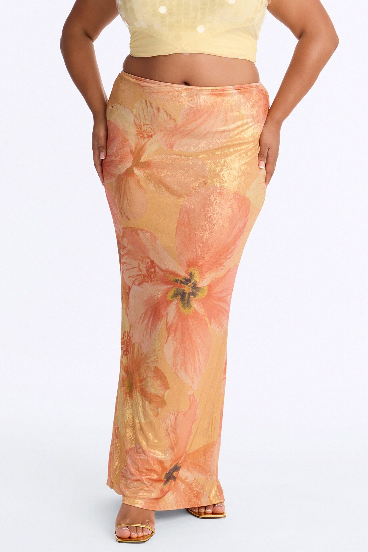 Heat Wave Metallic Knit Floral Maxi Skirt - Orange