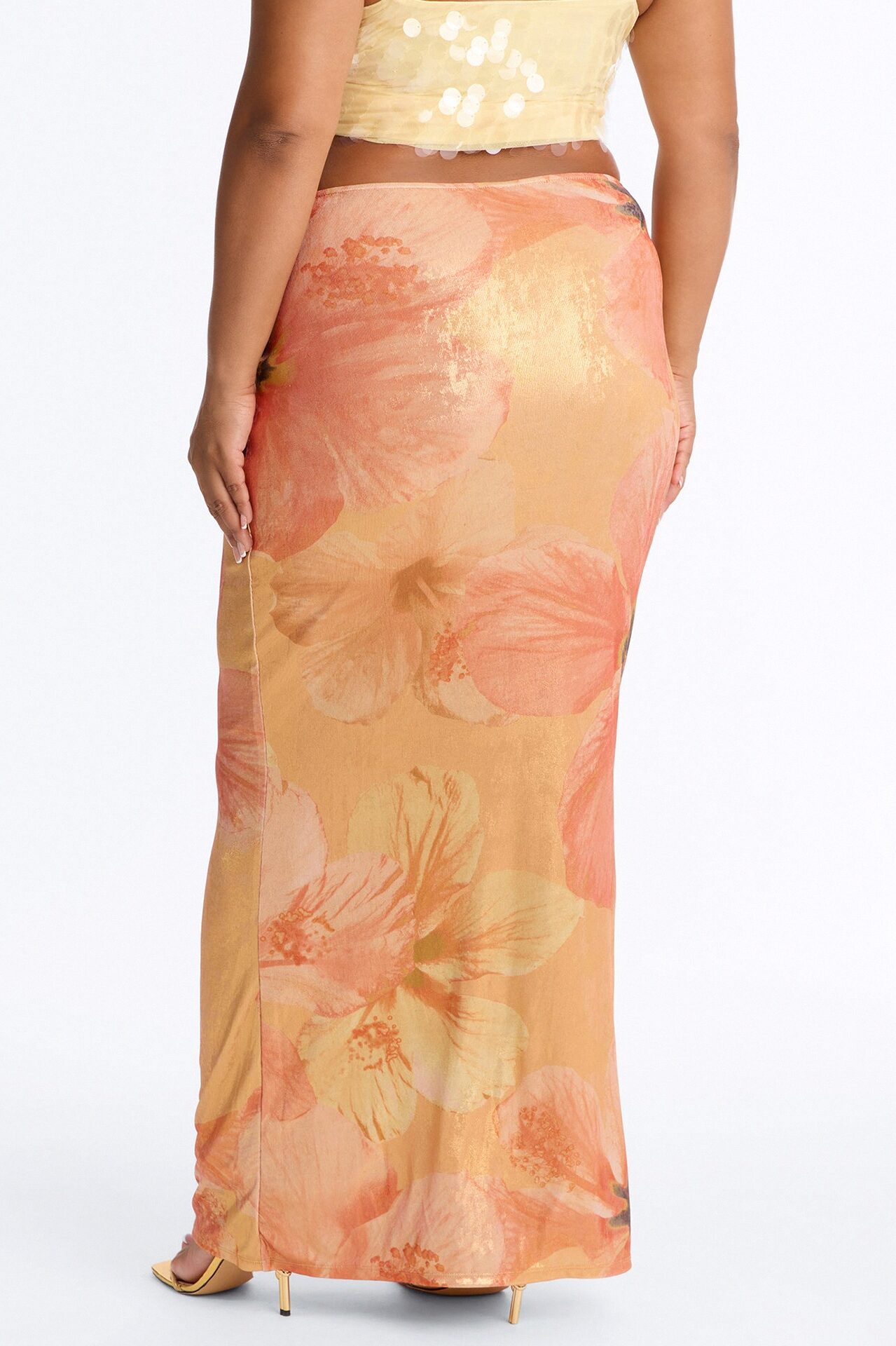 Heat Wave Metallic Knit Floral Maxi Skirt - Orange