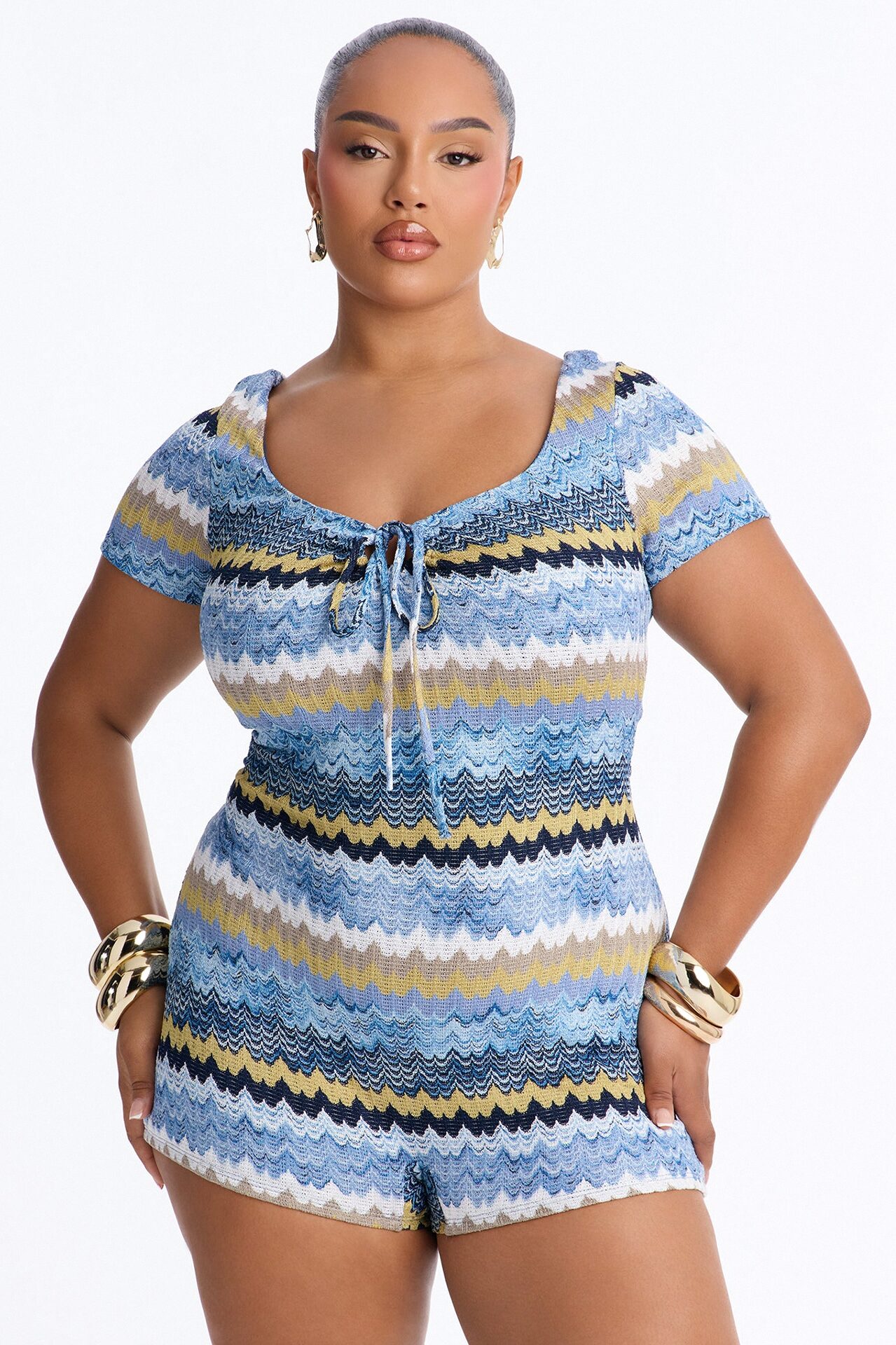 Malibu Waves Short Sleeve Knit Romper - Blue