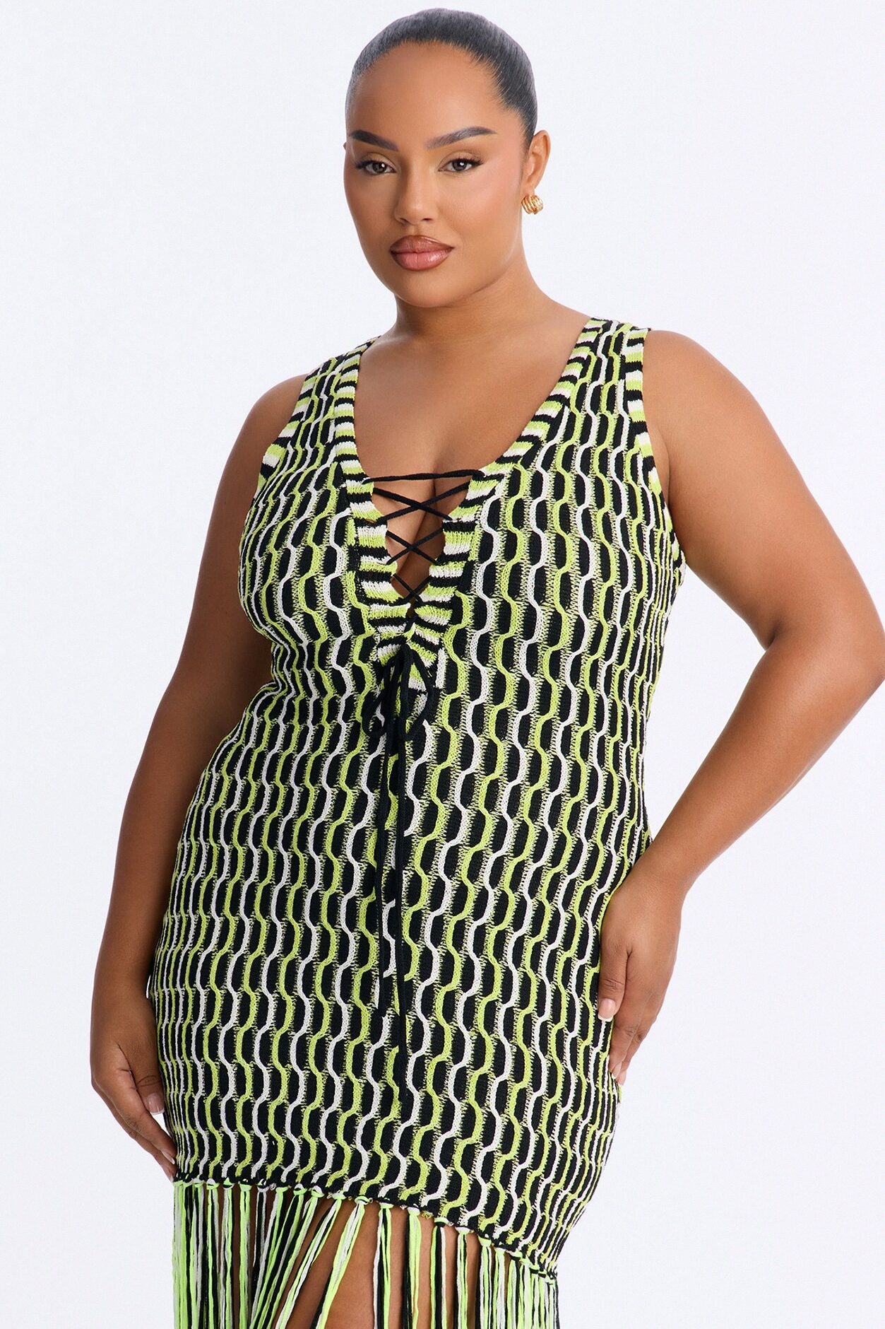 After Hours Fringe Sweater Maxi Dress - Green/combo