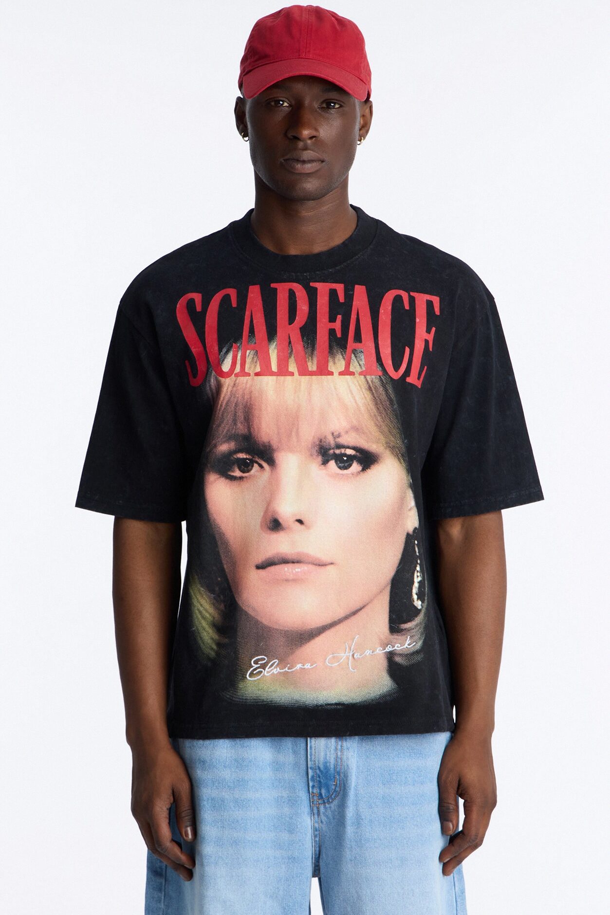 Heavy Weight Scarface Elvira Hancock Embroidery Oversized Short Sleeve Tee - Black Wash