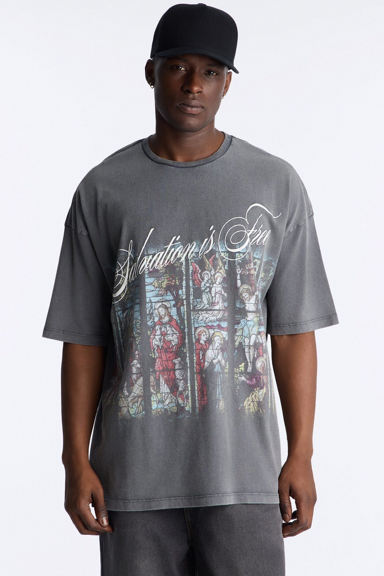 Salvation Is Free Oversized Short Sleeve Tee - Black Wash