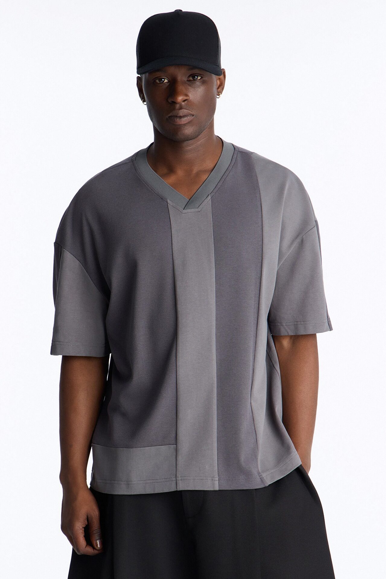 Loose Fit Ribbed Panel Jersey - Grey/combo