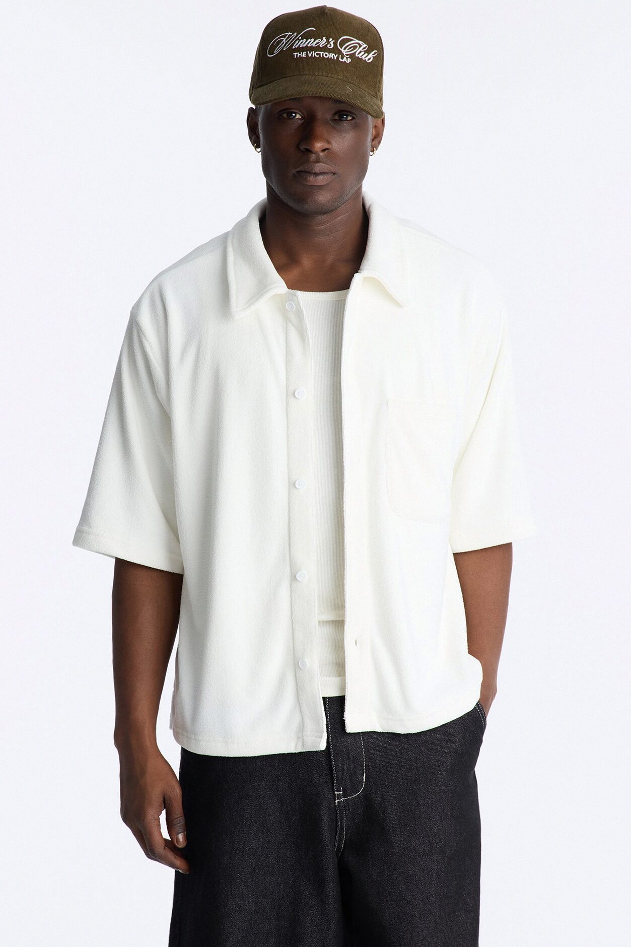 Classic Terry Cloth Button Up Shirt - White