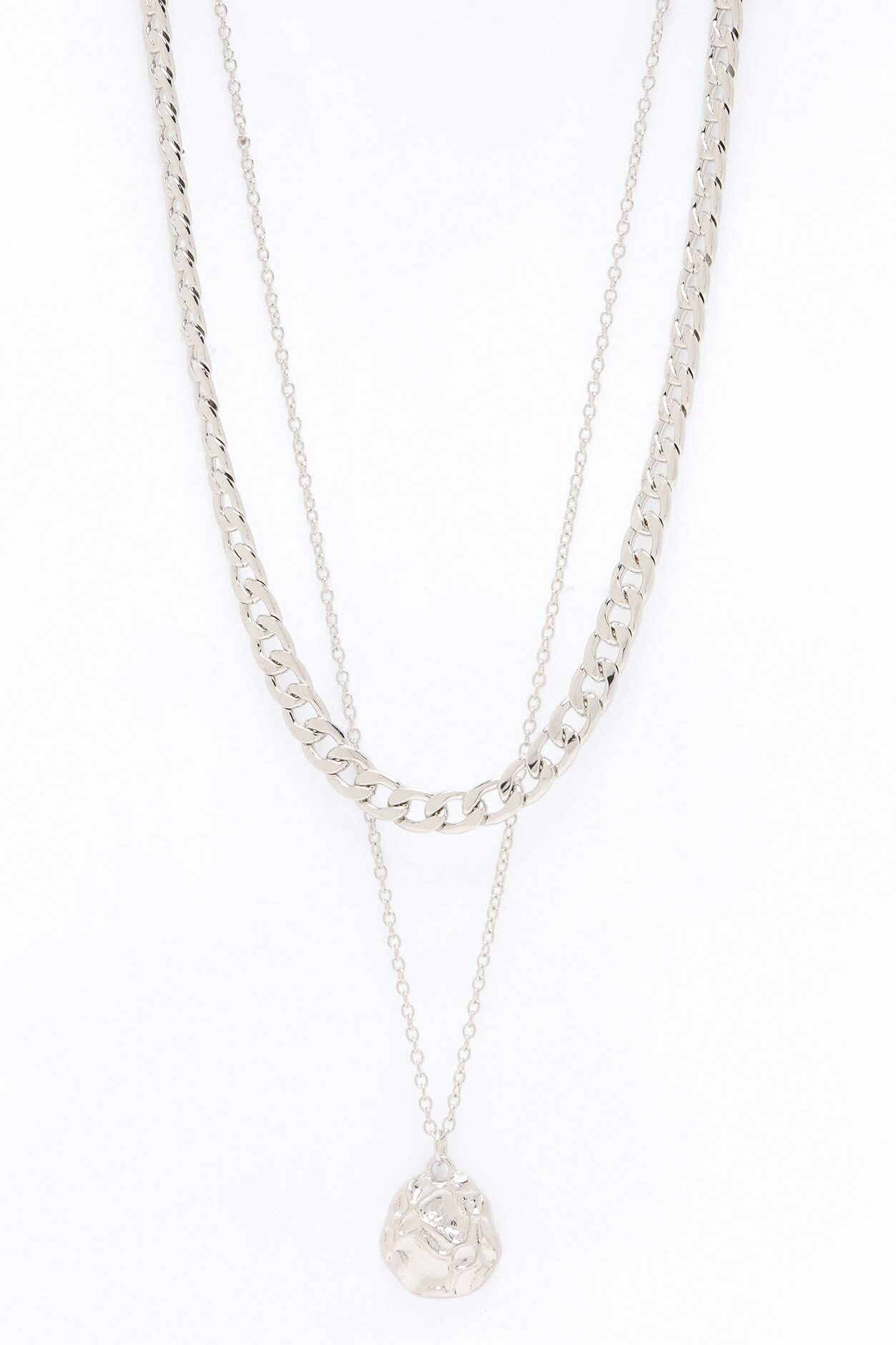 Hammered Pendant Cuban Chain Necklace Set - Silver