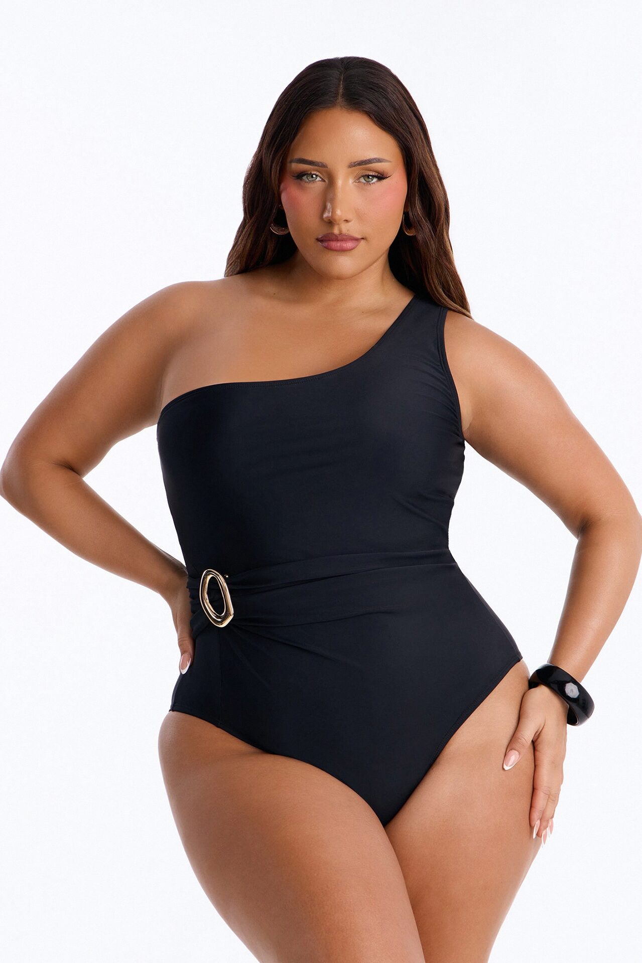 Maya One Shoulder 1 Piece Shimmer Swimsuit - Black