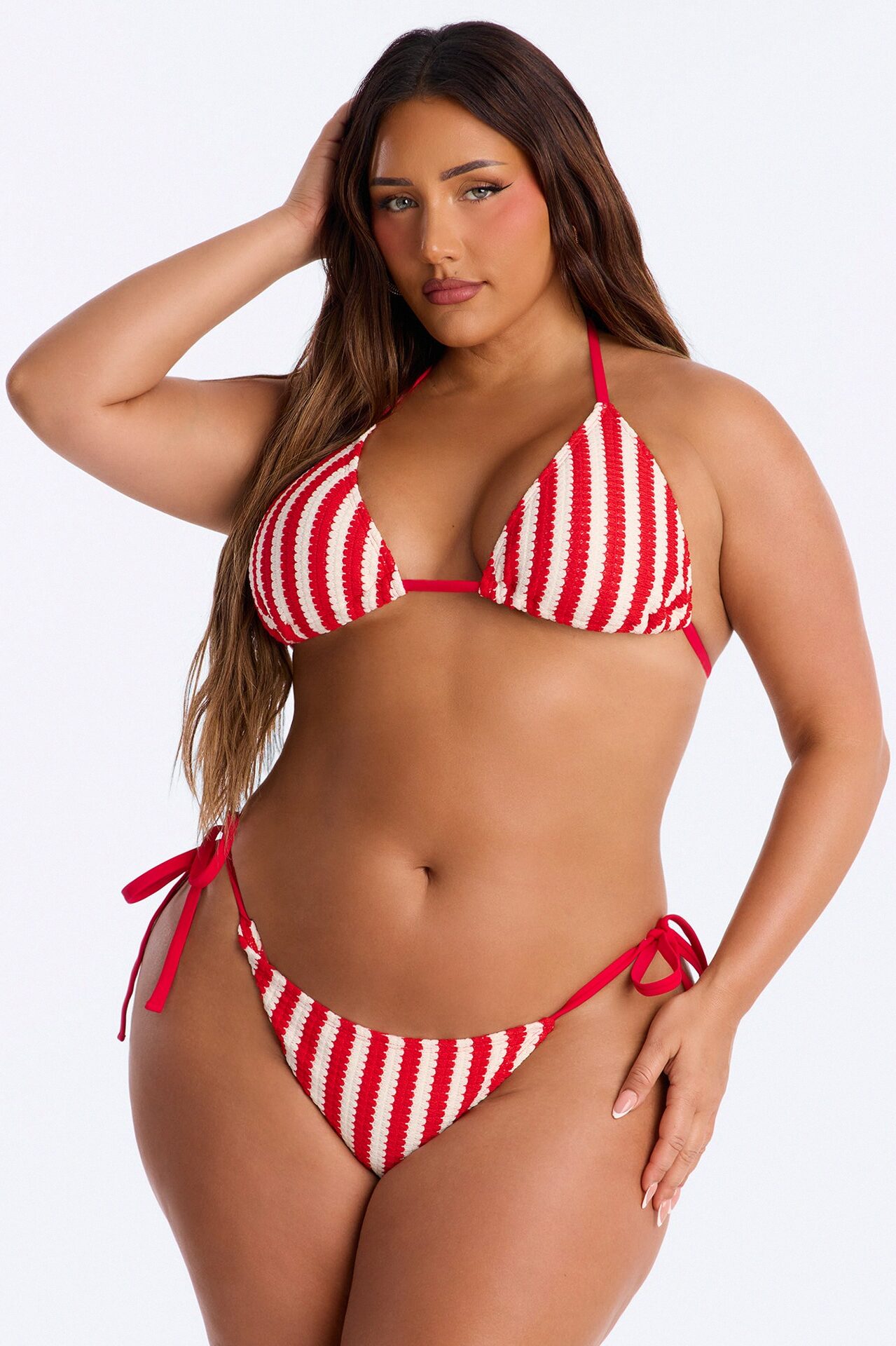 Denver Striped 3 Piece Triangle Bikini & Cover Up Pants Sunsuit - Red/combo