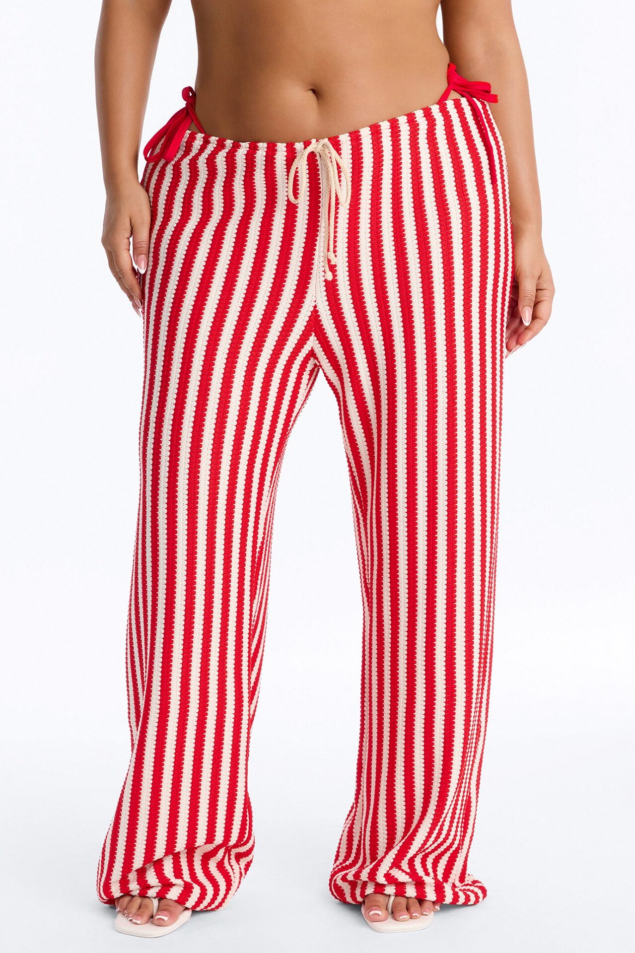 Denver Striped 3 Piece Triangle Bikini & Cover Up Pants Sunsuit - Red/combo