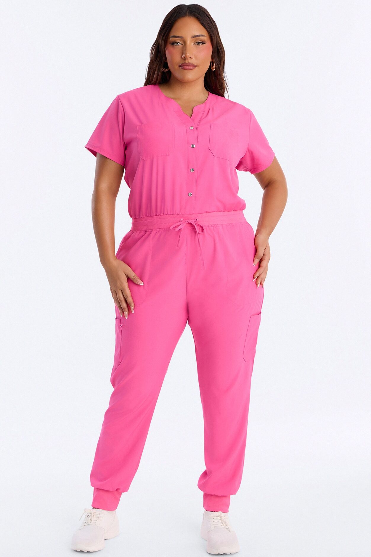 In Unison Uniform Jogger Scrub Jumpsuit With Snaps - Hot Pink