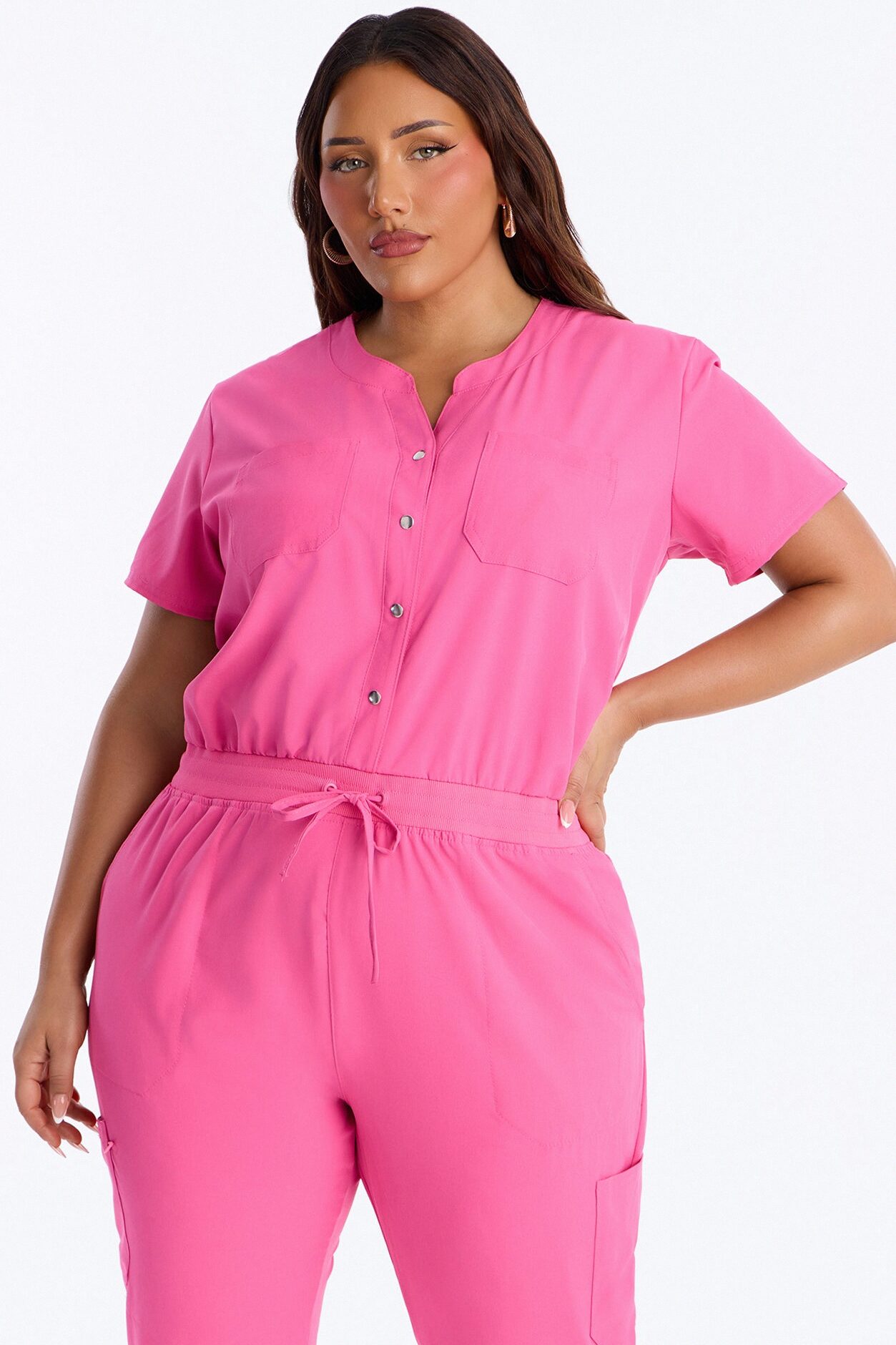 In Unison Uniform Jogger Scrub Jumpsuit With Snaps - Hot Pink