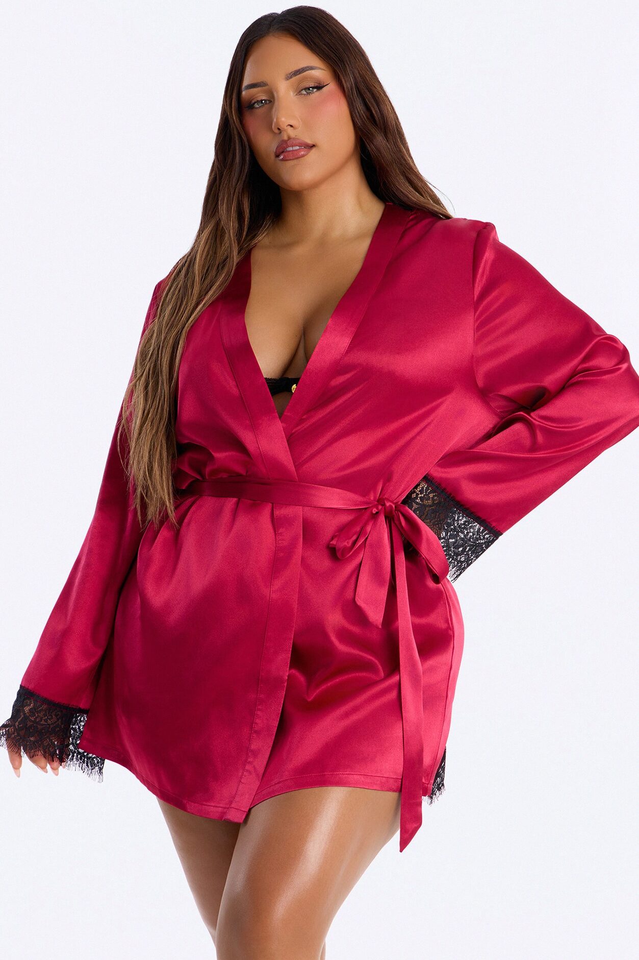 Emerie Satin Lace Trim Robe - DarkRed