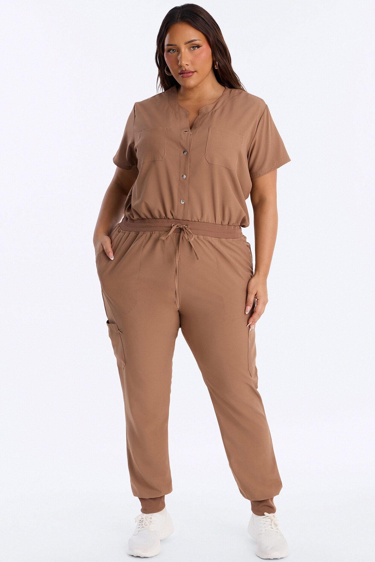 In Unison Uniform Jogger Scrub Jumpsuit With Snaps - Mocha