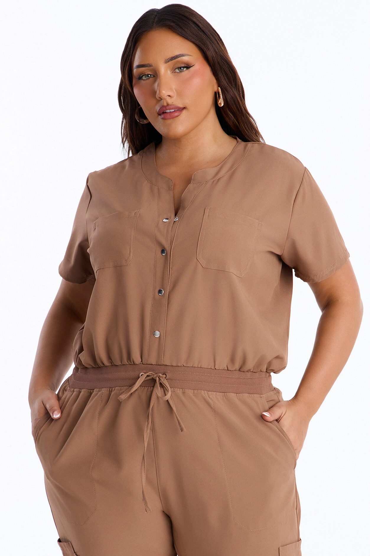 In Unison Uniform Jogger Scrub Jumpsuit With Snaps - Mocha