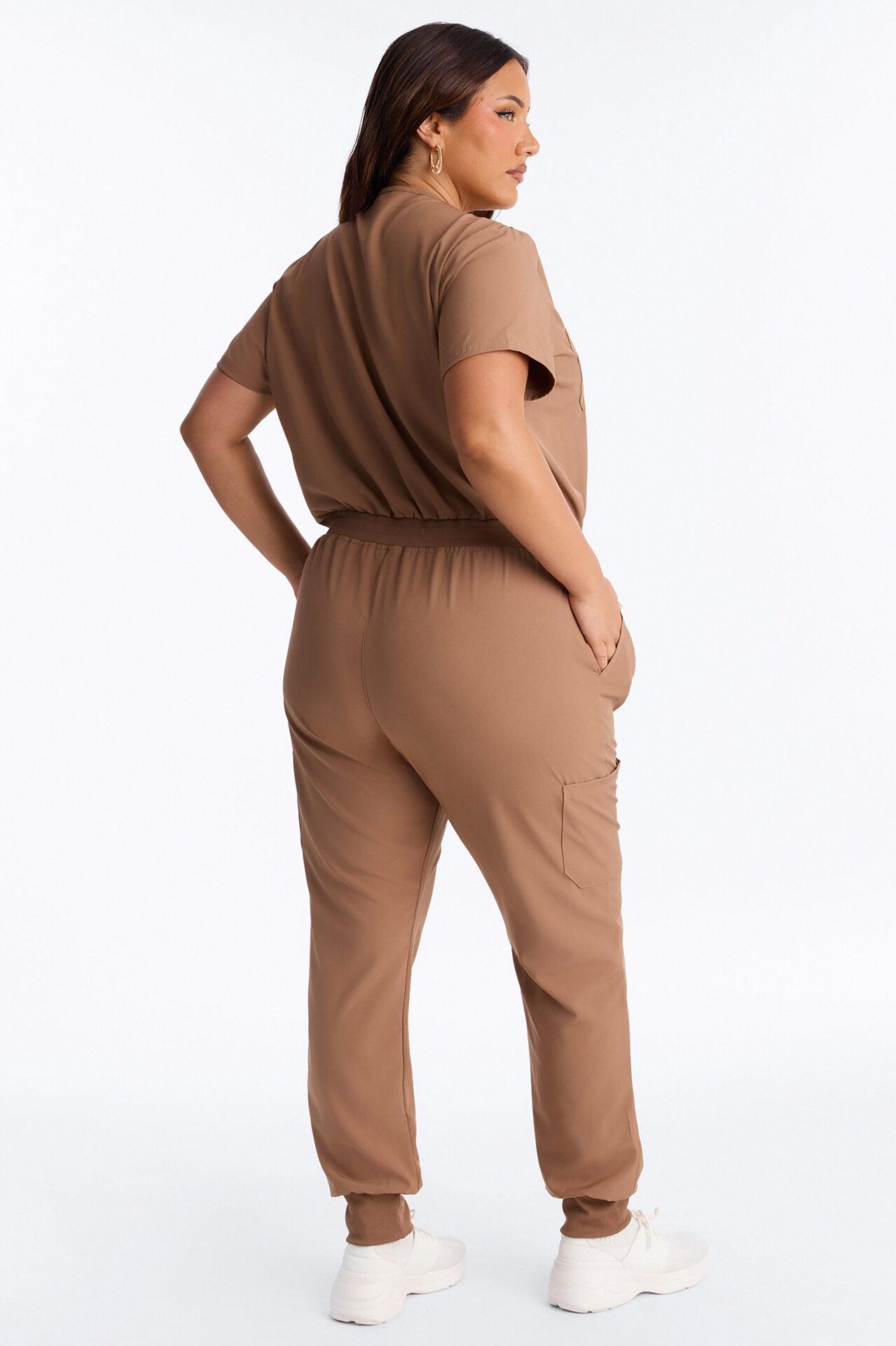 In Unison Uniform Jogger Scrub Jumpsuit With Snaps - Mocha