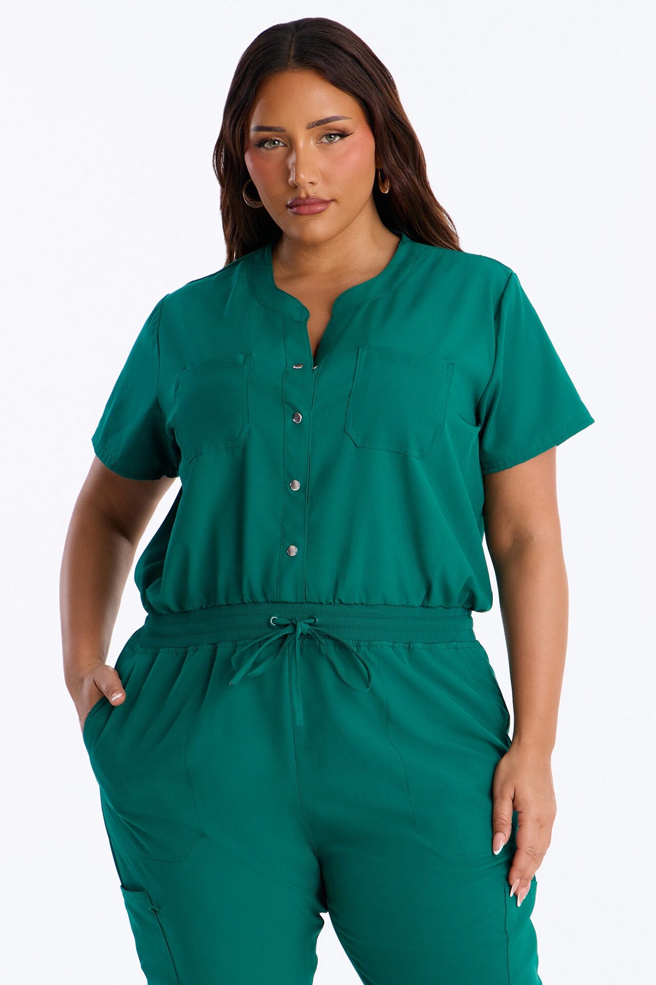 In Unison Uniform Jogger Scrub Jumpsuit With Snaps - Hunter