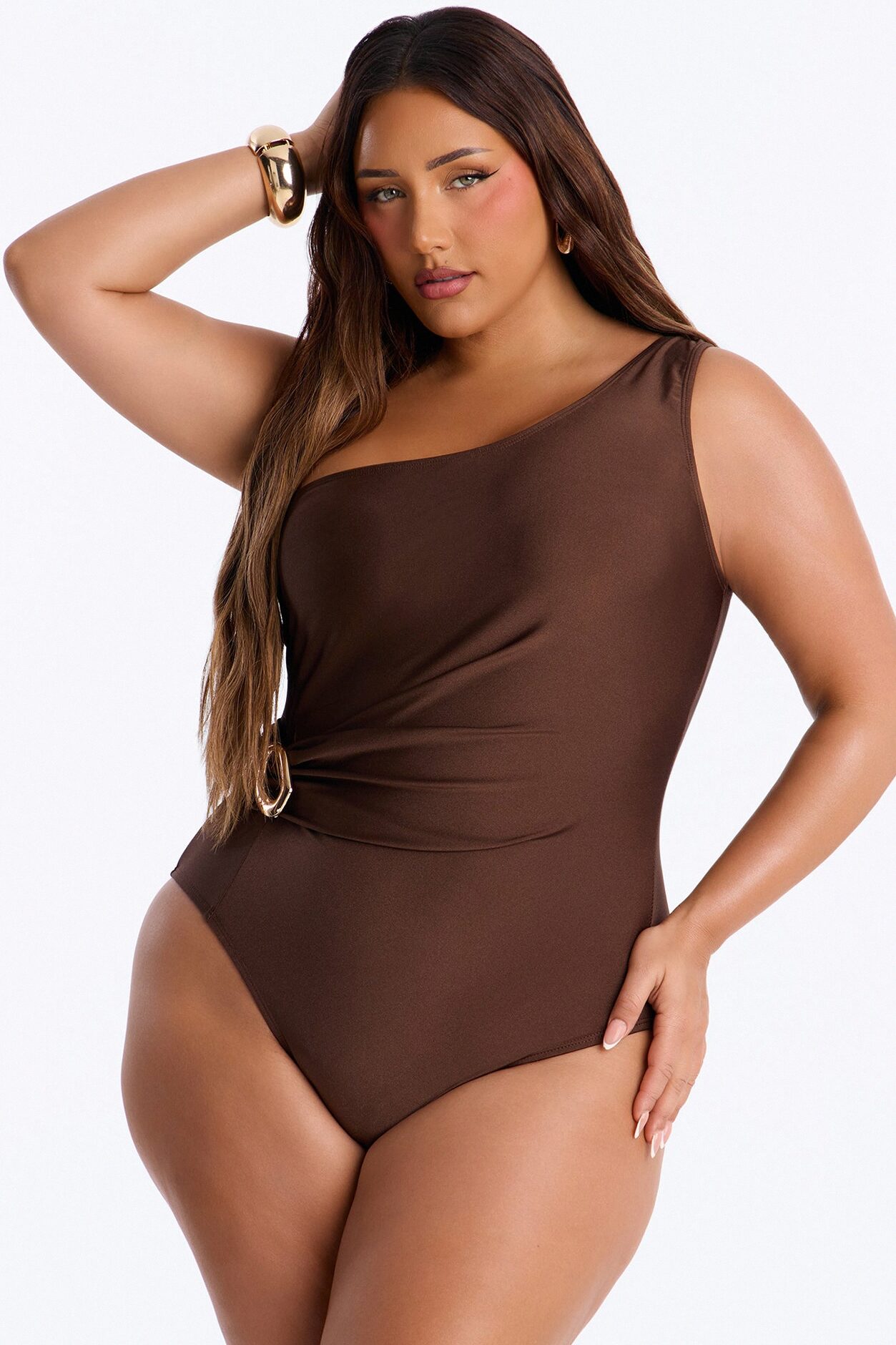 Maya One Shoulder 1 Piece Shimmer Swimsuit - Brown