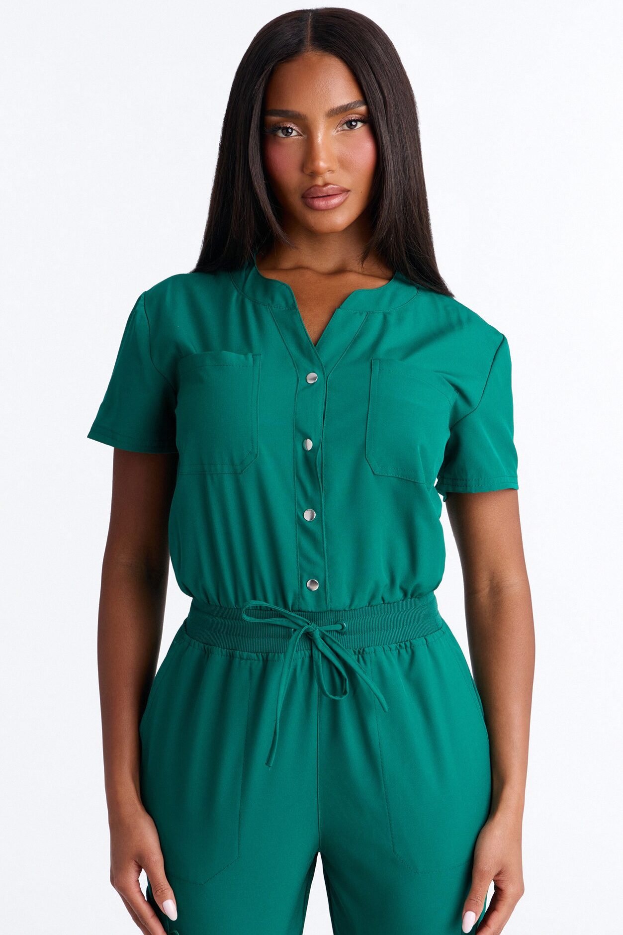 In Unison Uniform Jogger Scrub Jumpsuit With Snaps - Hunter