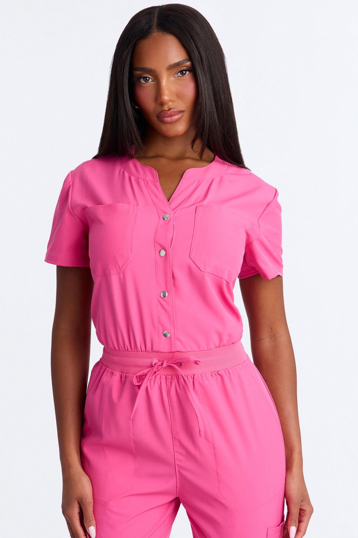 In Unison Uniform Jogger Scrub Jumpsuit With Snaps - Hot Pink