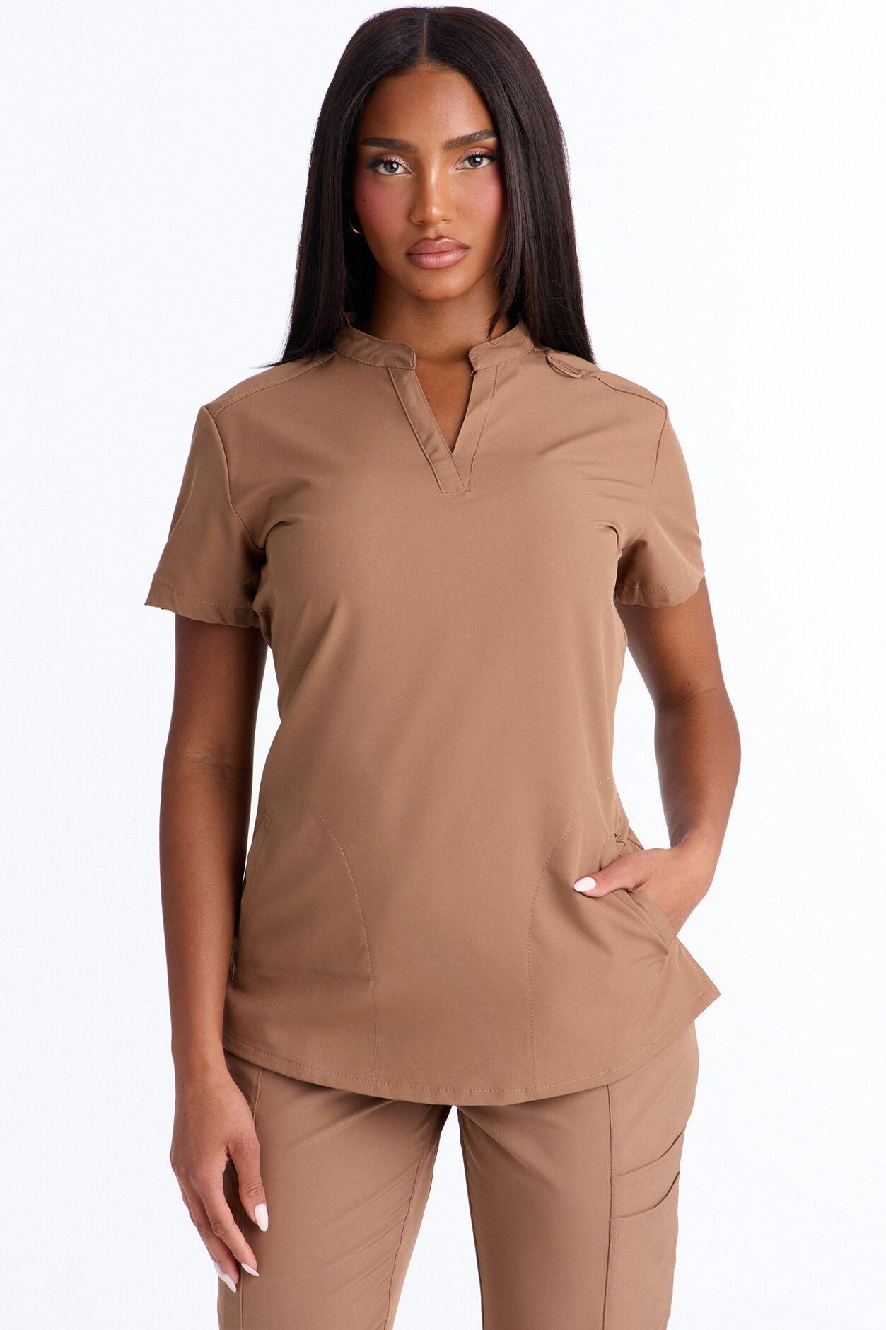 Calm Energy Reflective Piping Uniform Scrub Top - Mocha