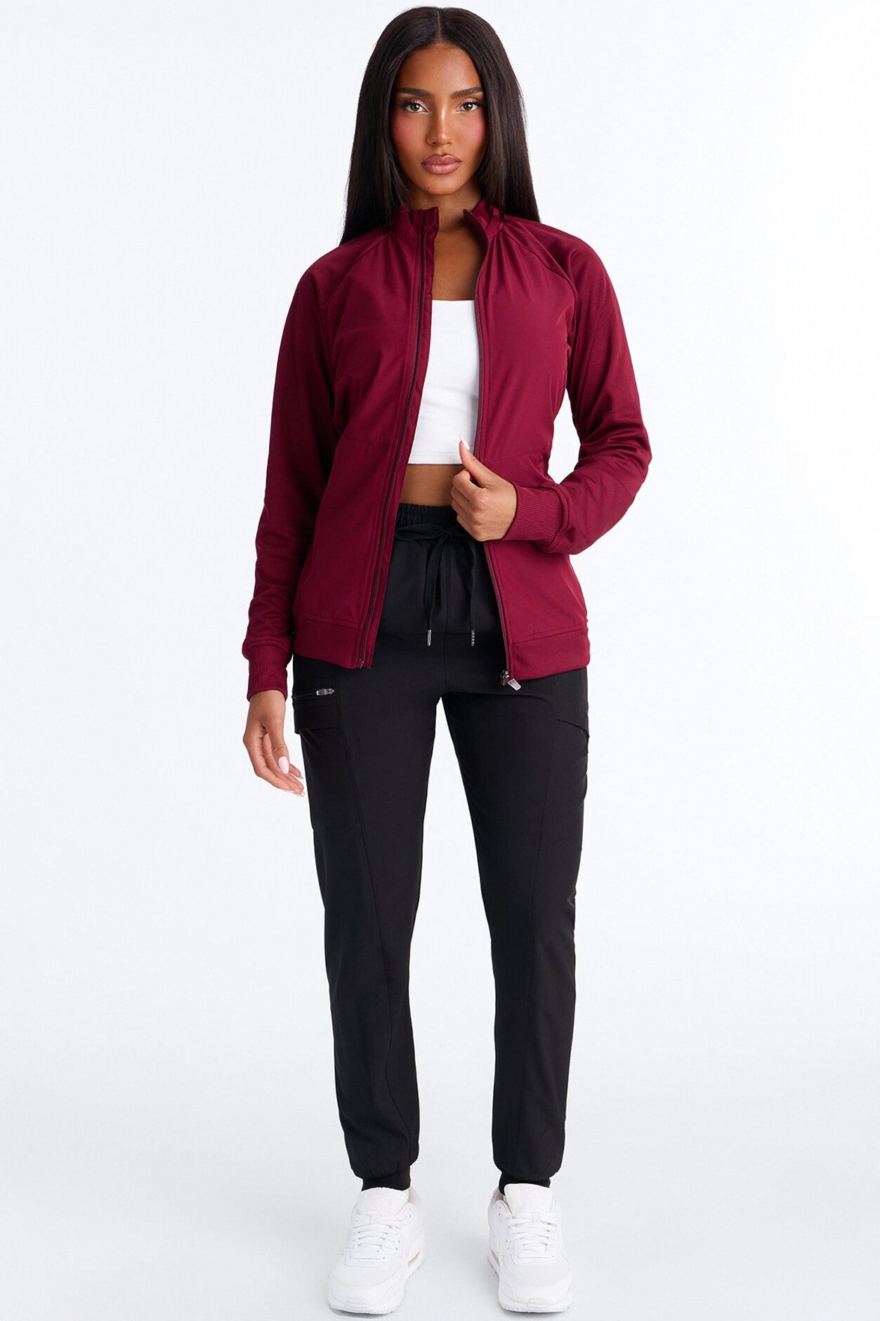 Full Shift Stretch Scrub Uniform Zip Up Jacket - Wine