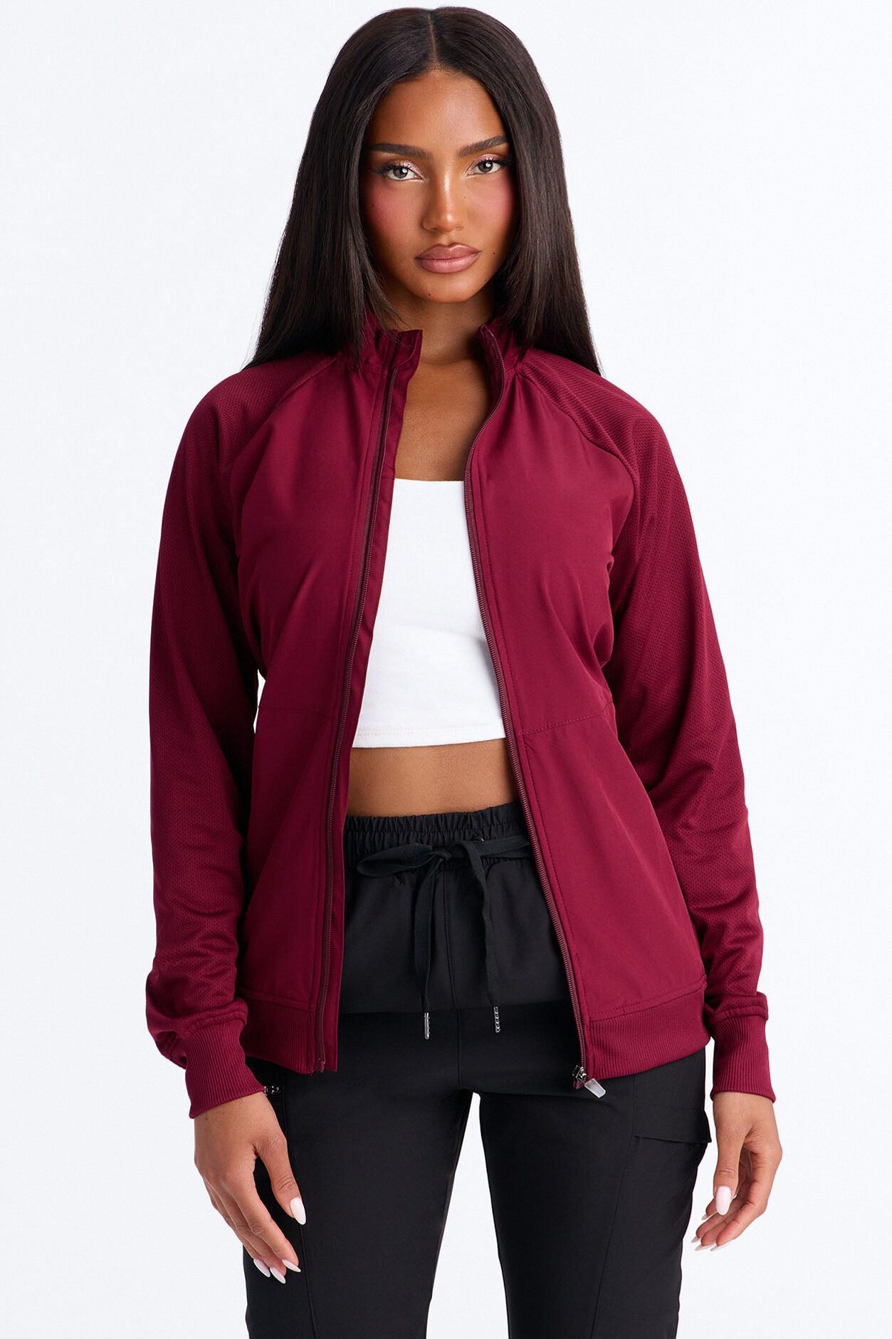 Full Shift Stretch Scrub Uniform Zip Up Jacket - Wine