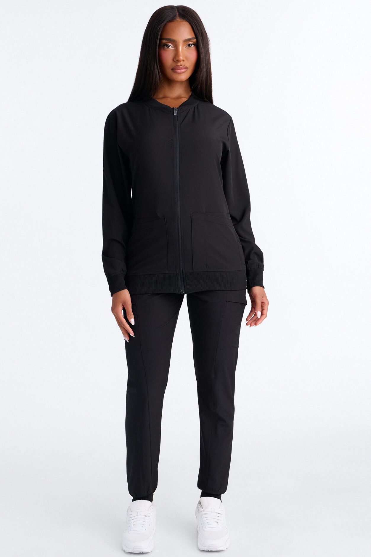Warm Me Up 4 Way Stretch Zip Up Bomber Scrub Jacket - Black