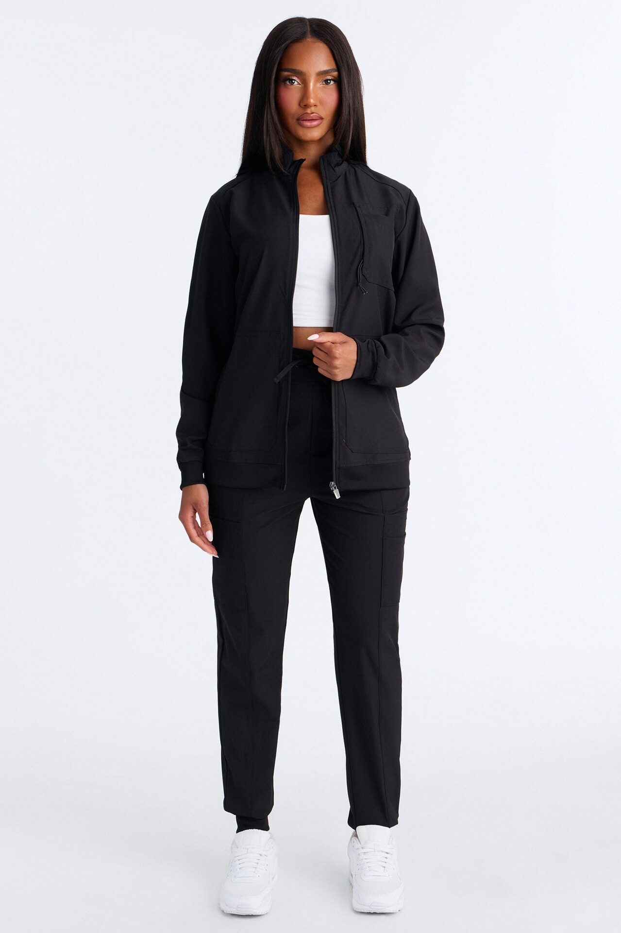 Keeping Warm 4 Way Stretch Front Zipper Pocket Scrub Jacket - Black