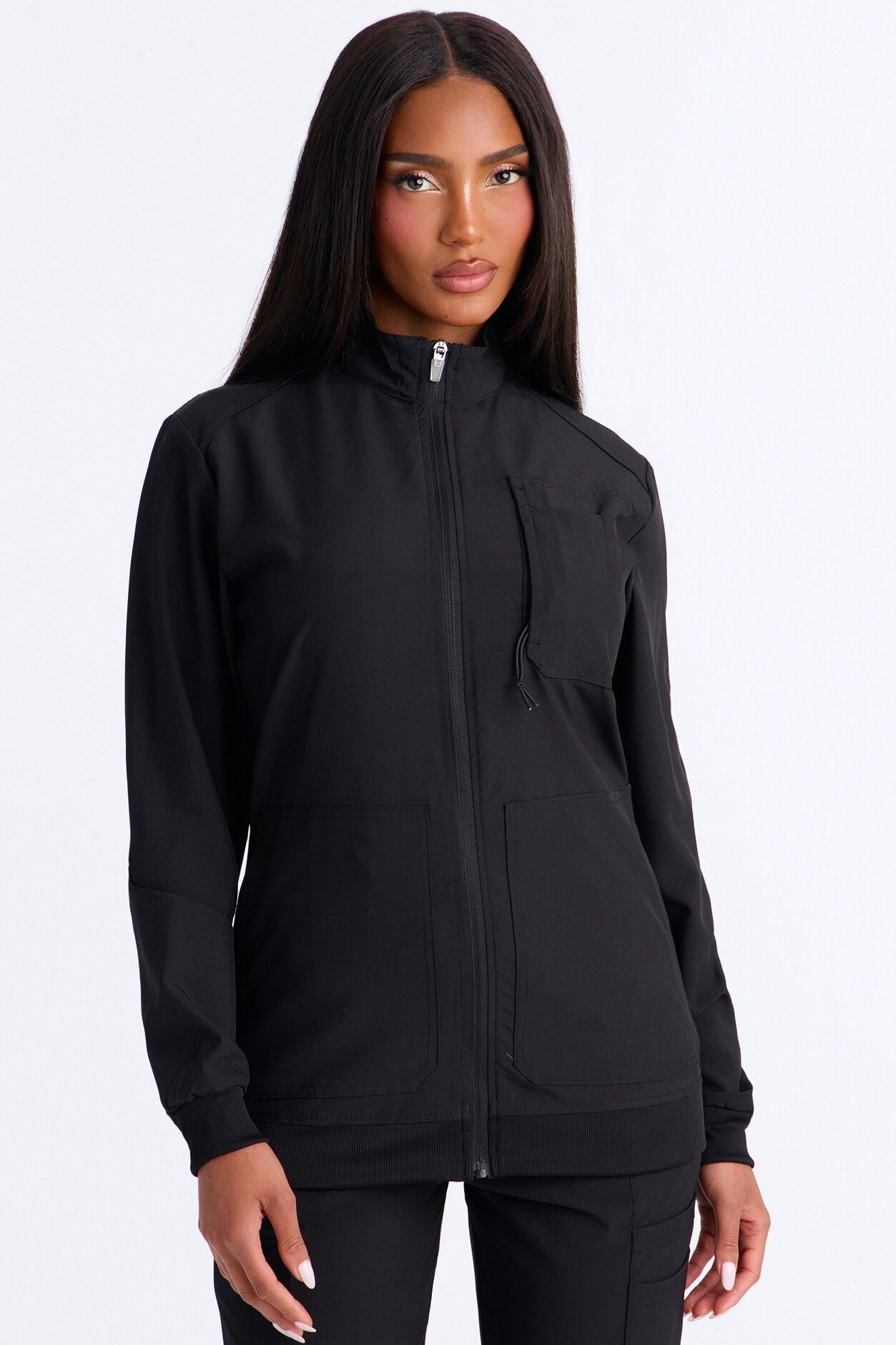 Keeping Warm 4 Way Stretch Front Zipper Pocket Scrub Jacket - Black