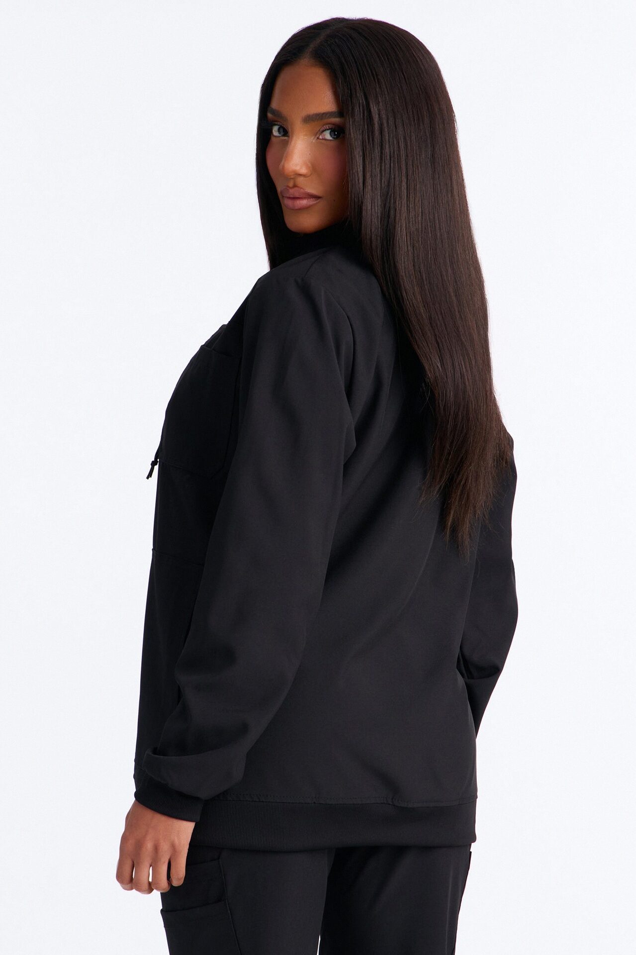 Keeping Warm 4 Way Stretch Front Zipper Pocket Scrub Jacket - Black