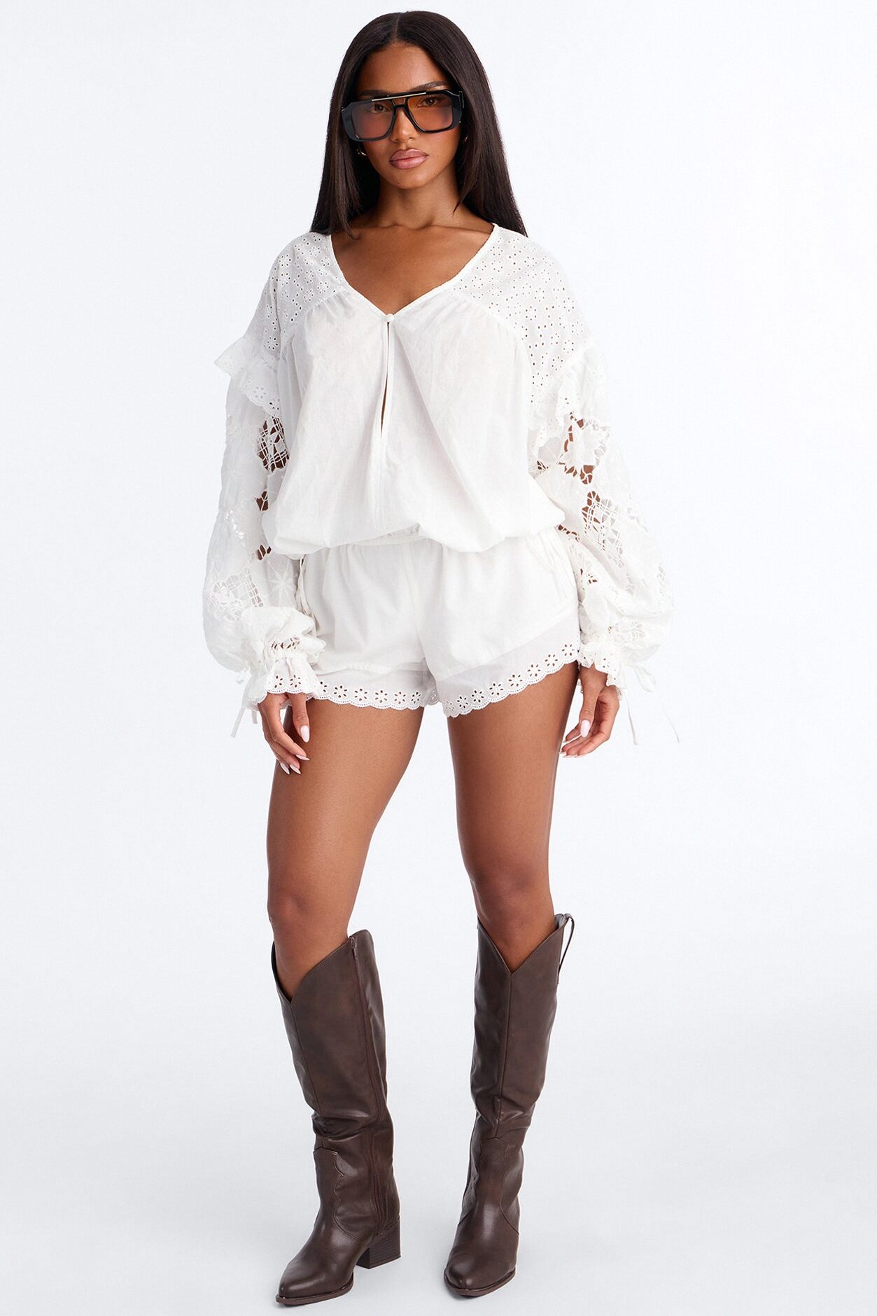 St Tropez Morning Eyelet Flowy Romper - White