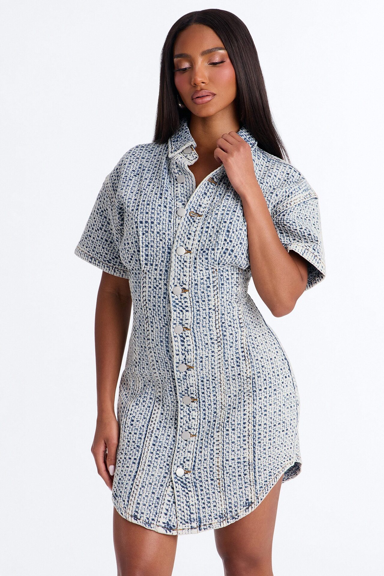 Alessandra Textured Short Sleeve Denim Mini Dress - MediumWash