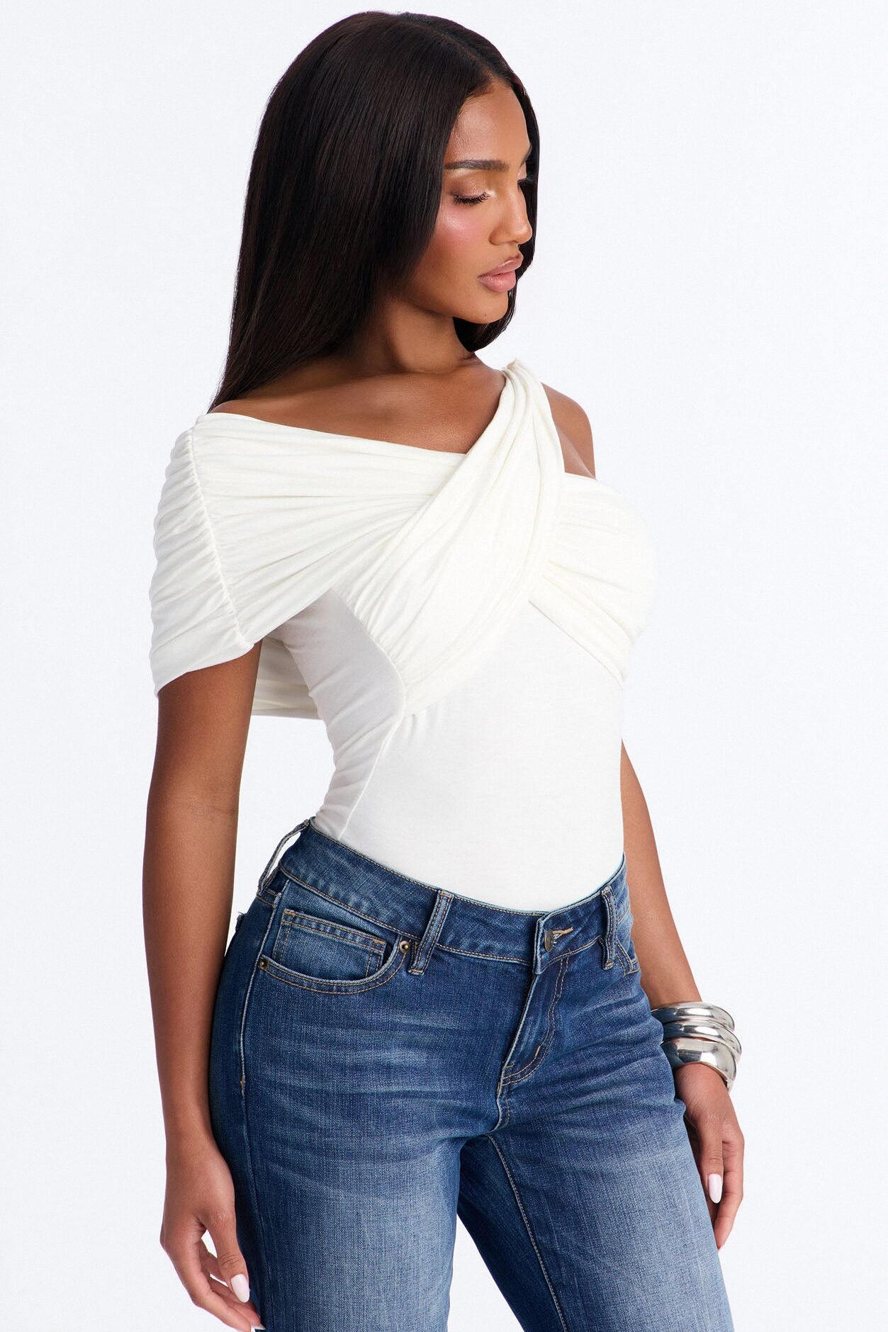 Gia Off Shoulder Twist Ruched Bodysuit - Ivory