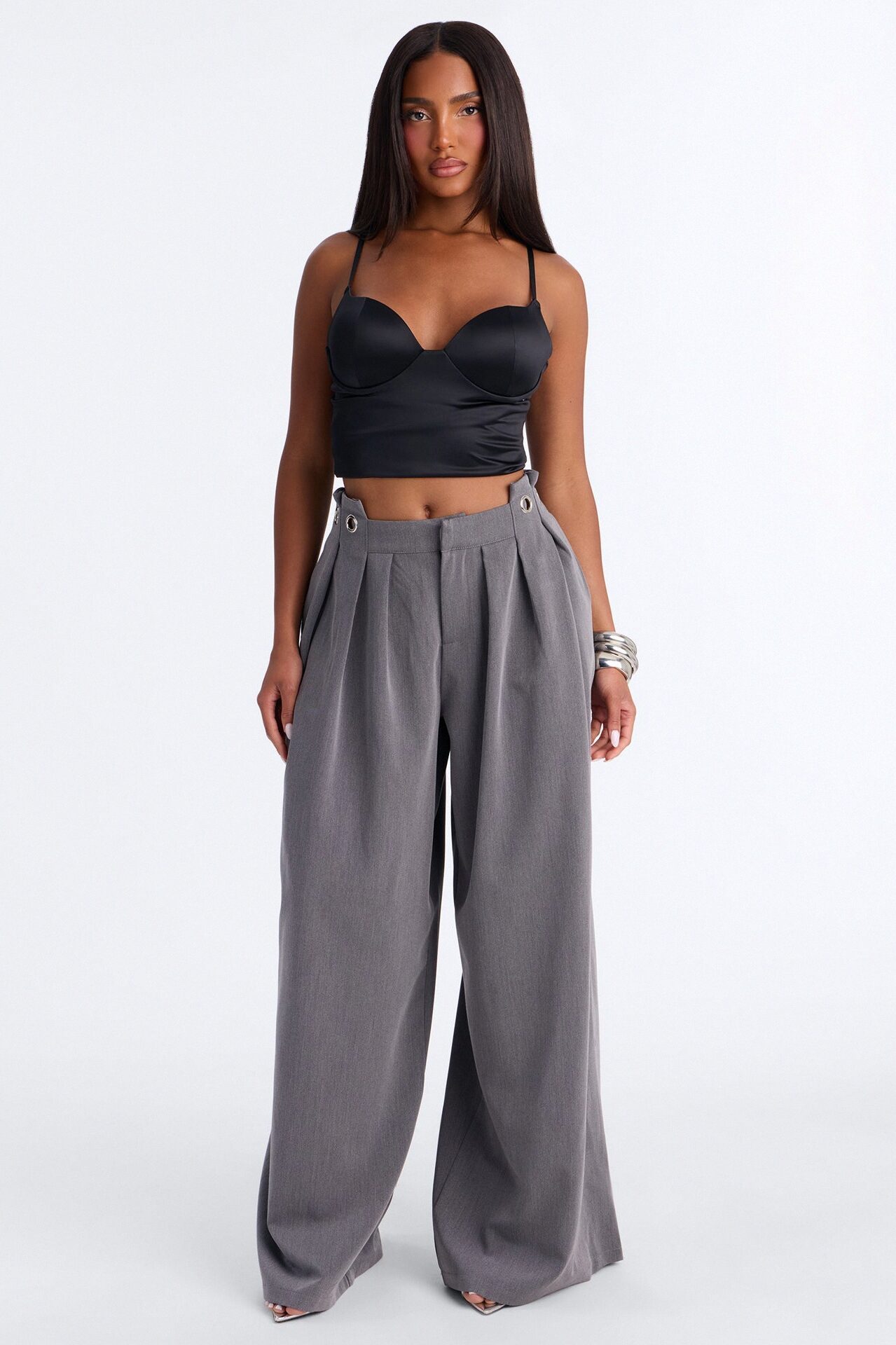 Magnolia Mid Rise Wide Leg Hardware Trouser - Charcoal
