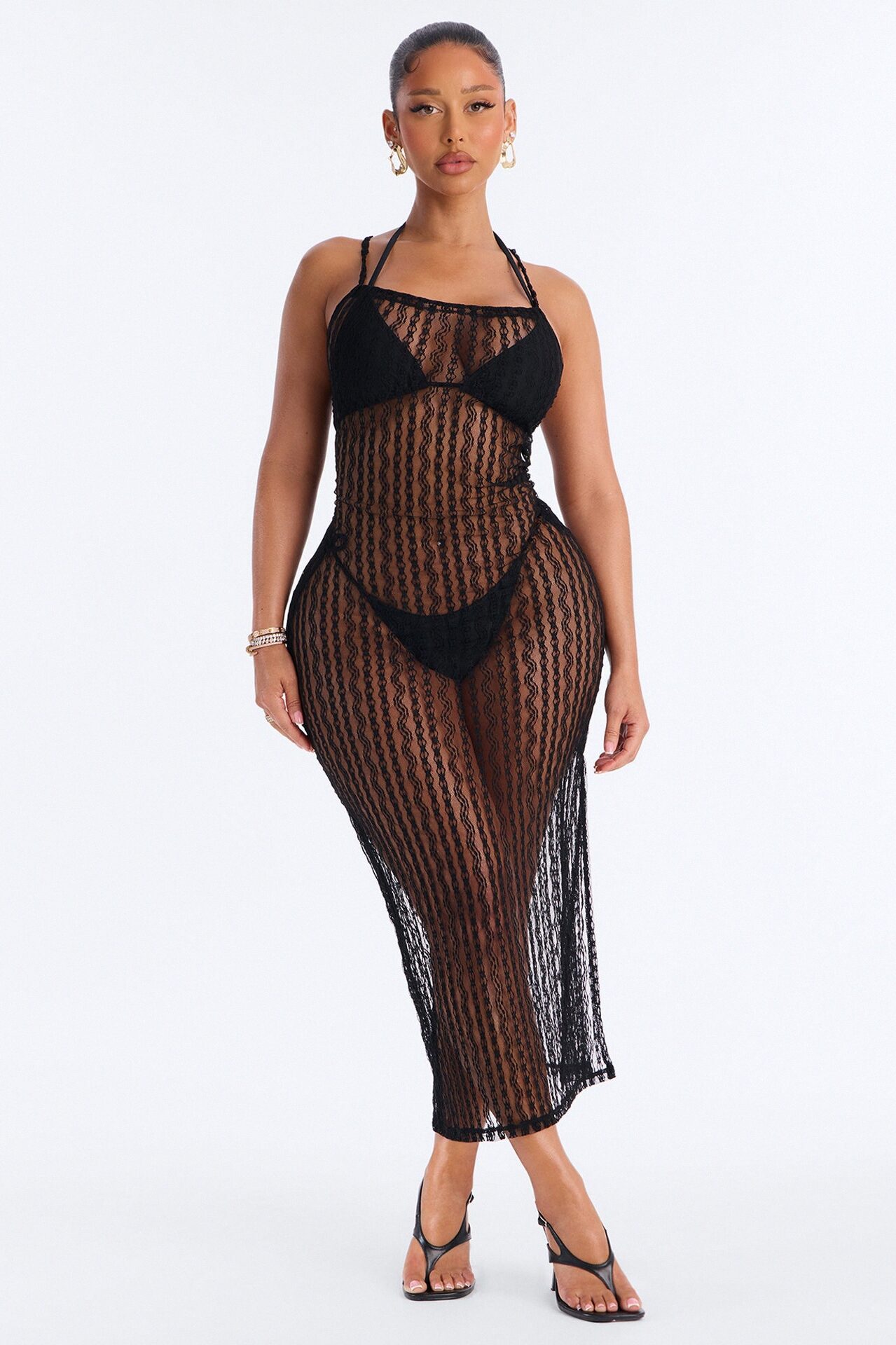 Summer Fling Stripe Lace Halter Cover Up Maxi Dress - Black
