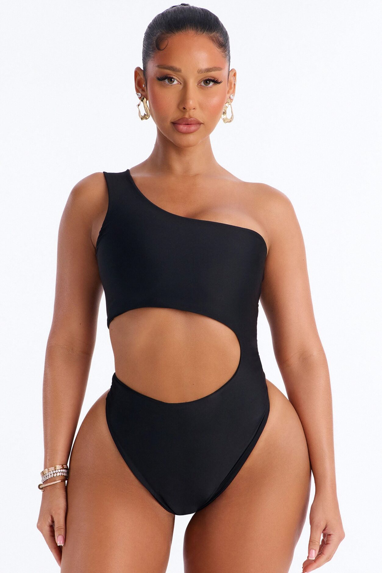Looking At Me 1 Piece Cut Out One Shoulder Swimsuit - Black