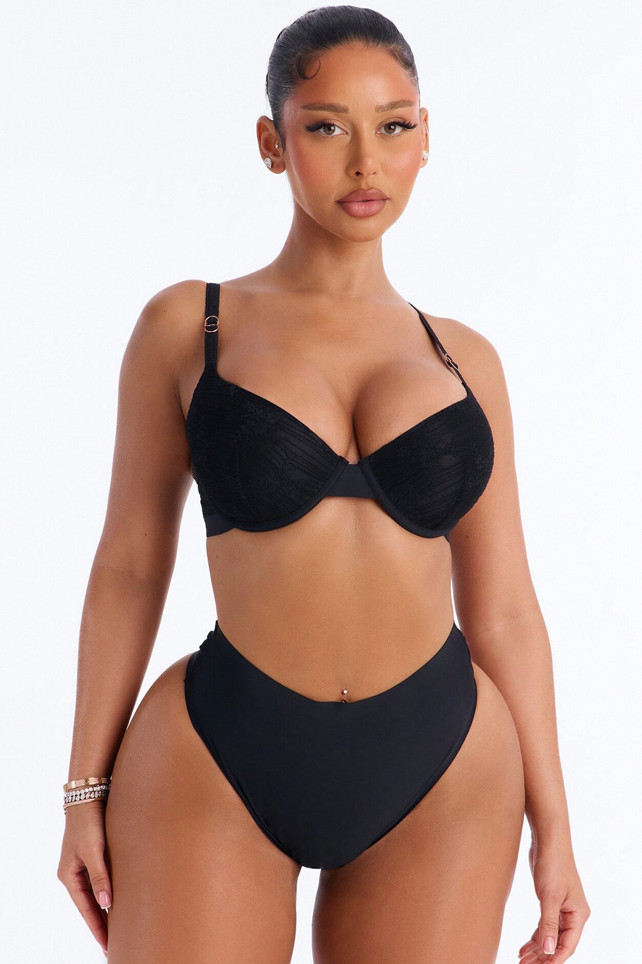 Soft Lace Overlay Stretch Thong Panty - Black