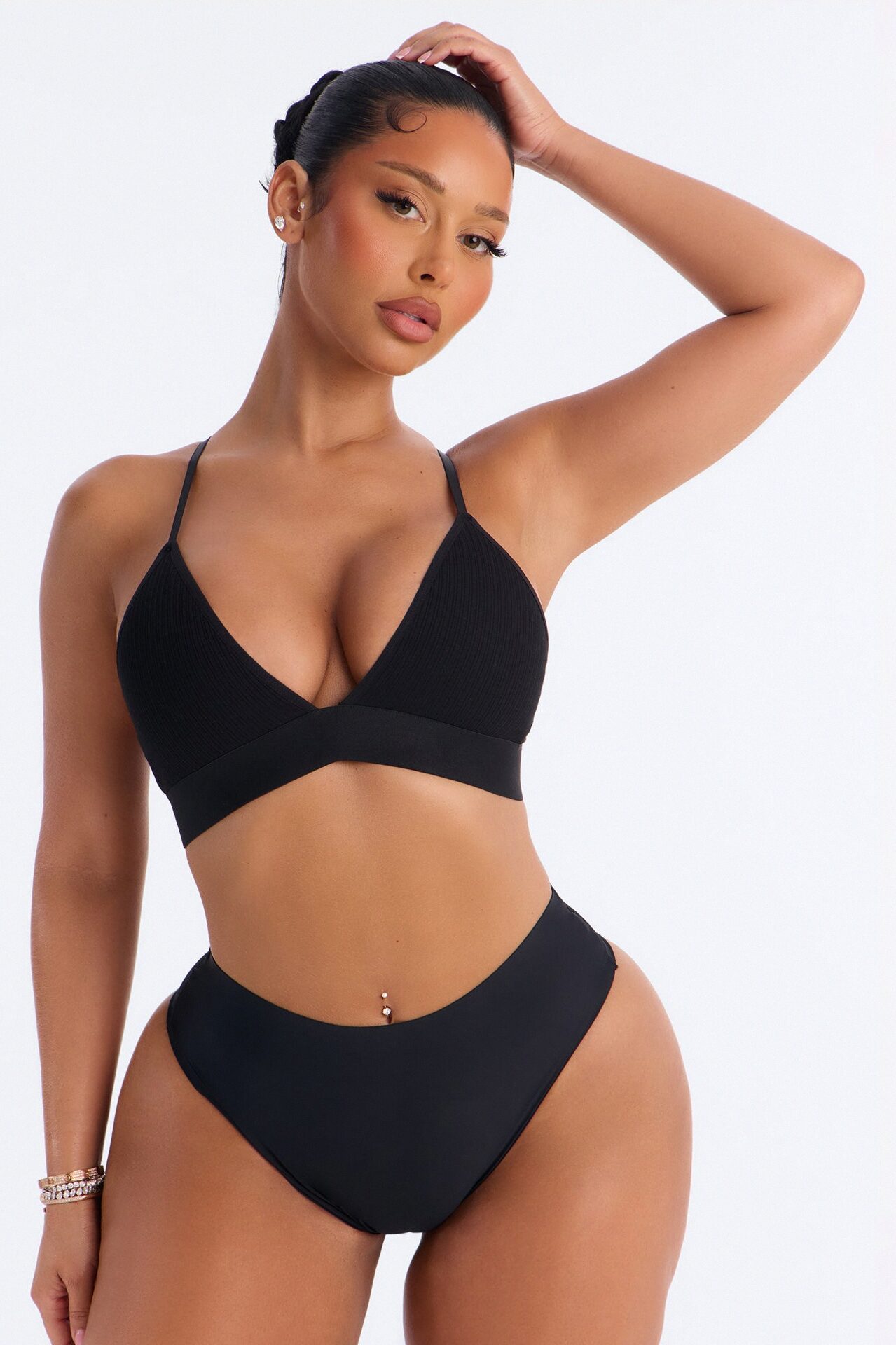 Cotton Ribbed Removable Padded Deep V Bralette - Black