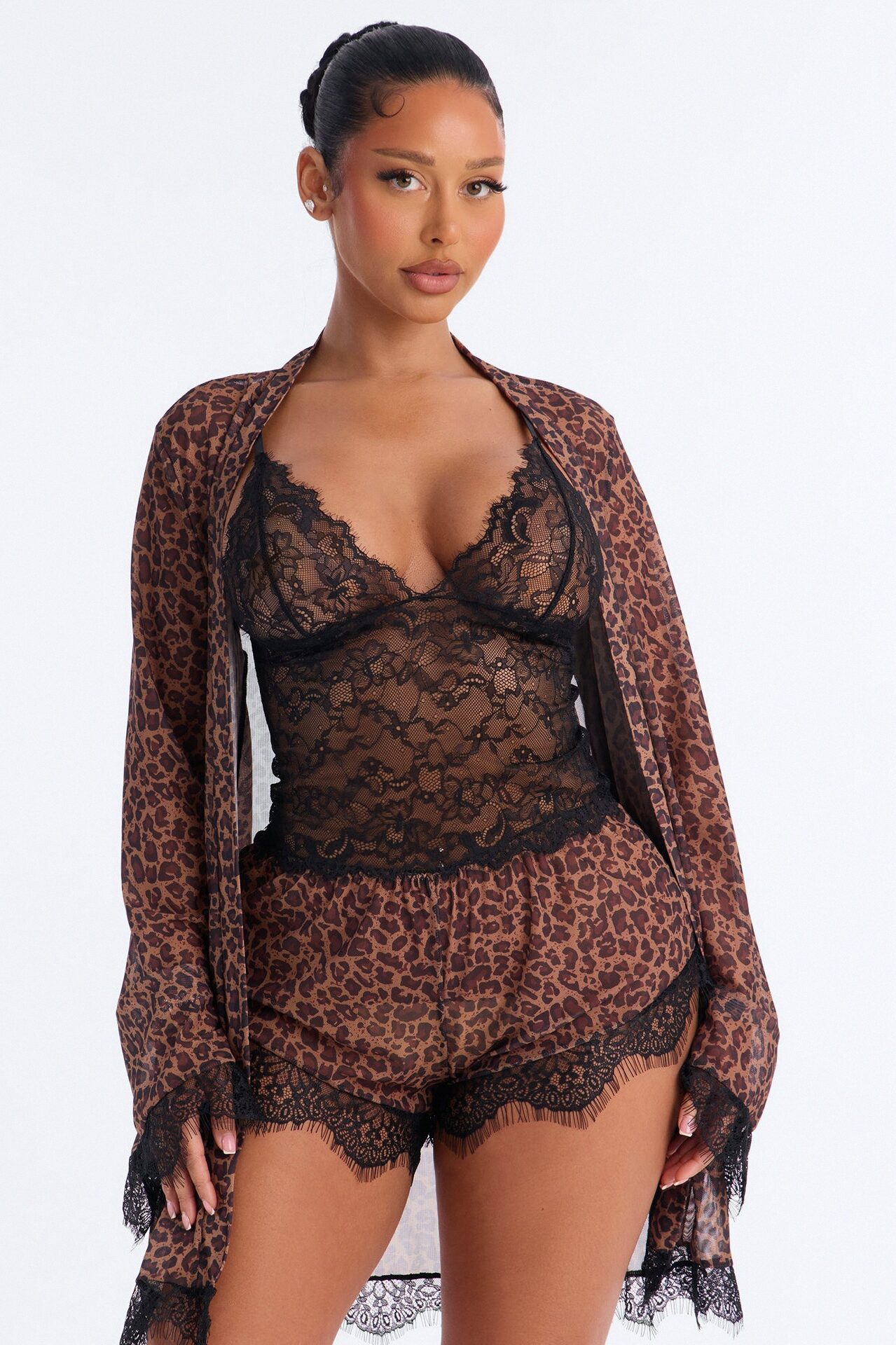 Caught In A Wild Chase Leopard Sheer Robe Lace Trim 3 Piece Set - Leopard
