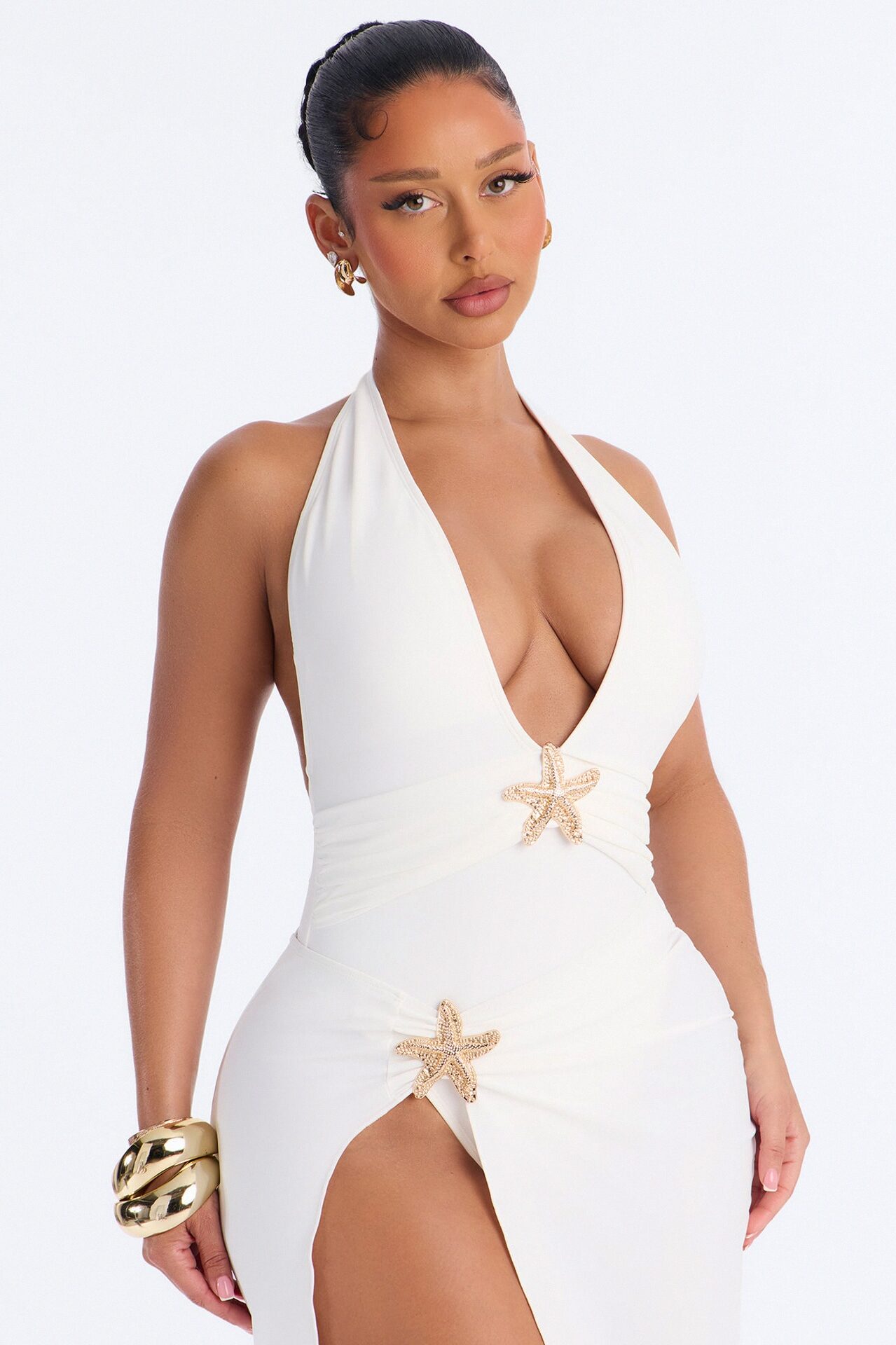 Alina 1 Piece Plunge Swimsuit & Cover Up Skirt Sunsuit - White